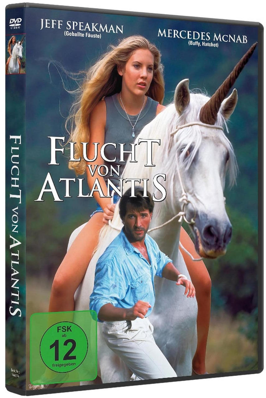 DVD-Hülle mit einer Frau auf einem weißen Einhorn, darunter ein Mann. Der Titel lautet 'Flucht von Atlantis'.