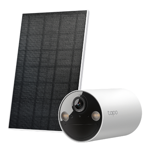 Biała kamera bezpieczeństwa z panelem słonecznym. Kamera ma czarny obiektyw i biały korpus. Panel słoneczny jest czarny.