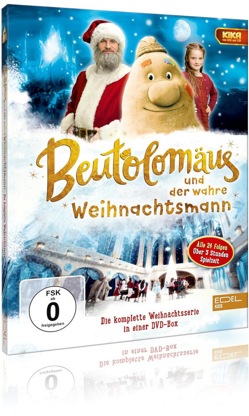 DVD-Cover: Weihnachtsmann, Beutolomäus, Mädchen vor Eispalast. Titel: Beutolomäus und der wahre Weihnachtsmann.