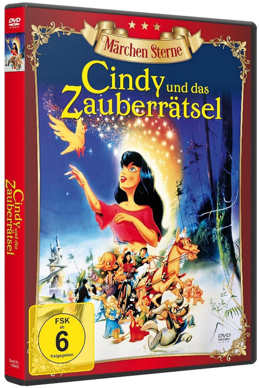 Filmcover: Animiertes Mädchen, das nach oben greift, Titel 'Cindy und das Zauberrätsel' mit Märchenelementen.