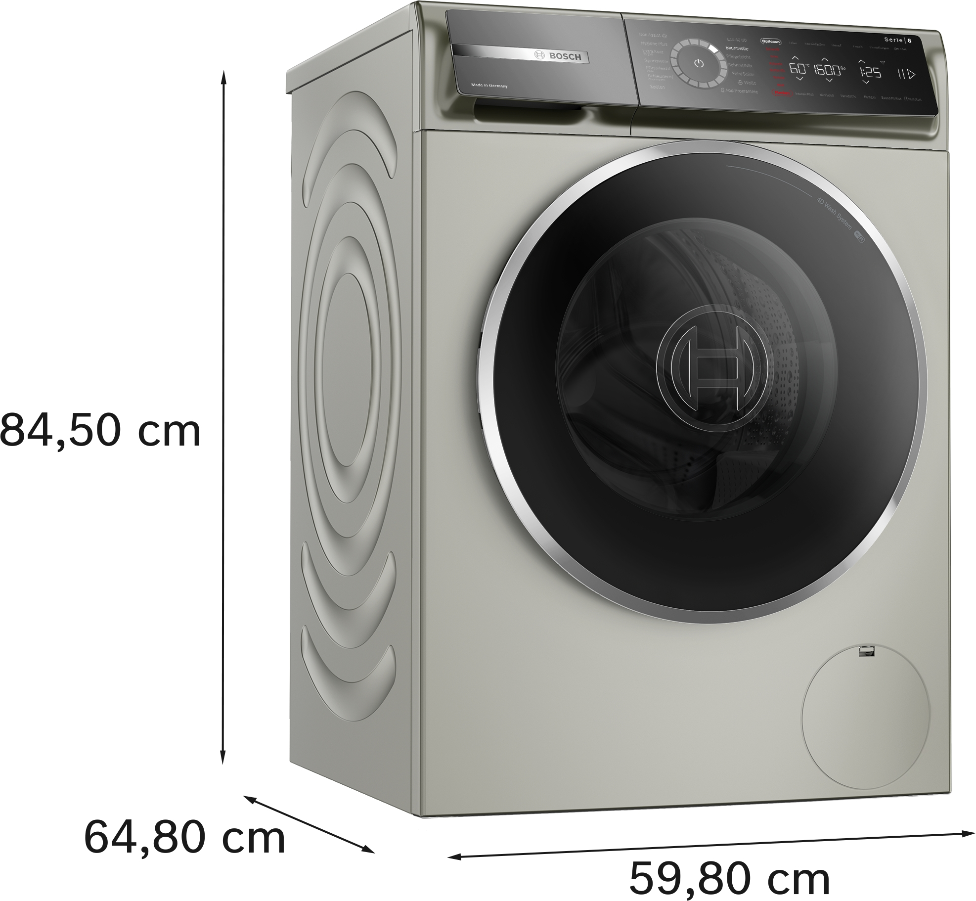 Eine Bosch Waschmaschine, Seitenansicht, mit angegebenen Abmessungen.