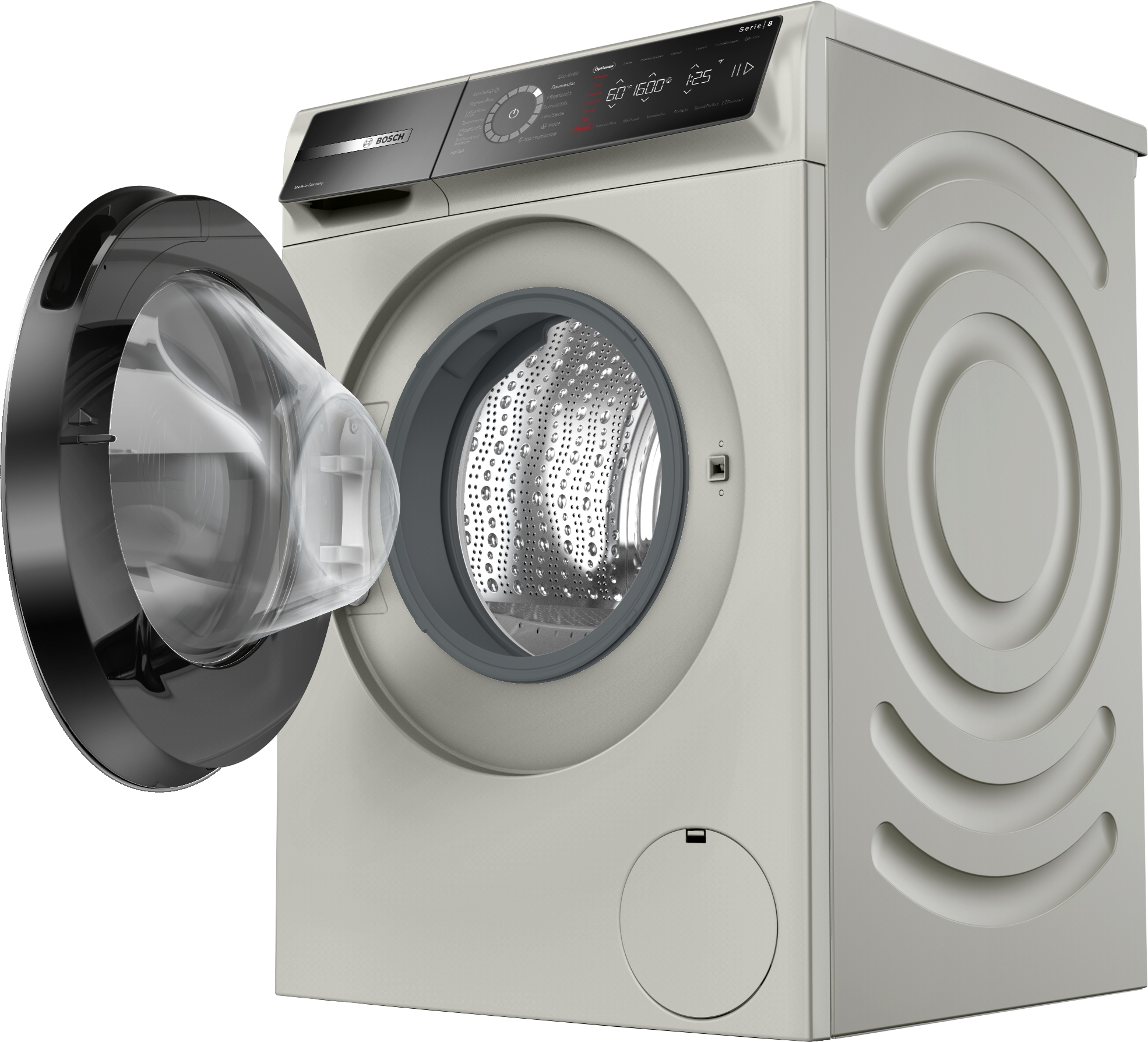 Beige Bosch Waschmaschine mit offener Tür. Trommel sichtbar. Bedienfeld oben.