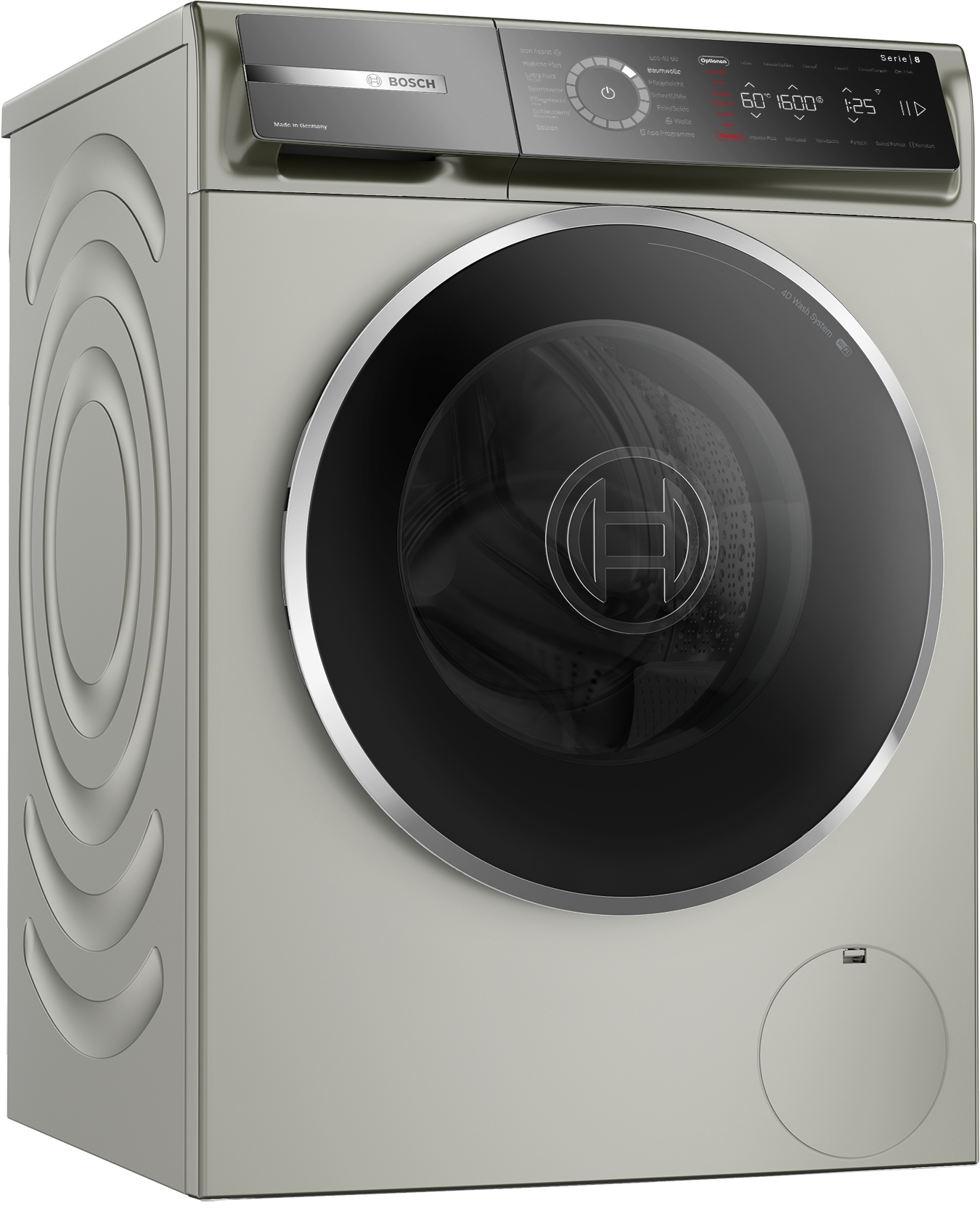 Eine silberne Waschmaschine mit schwarzer Tür. Die Maschine ist leicht nach rechts gedreht.