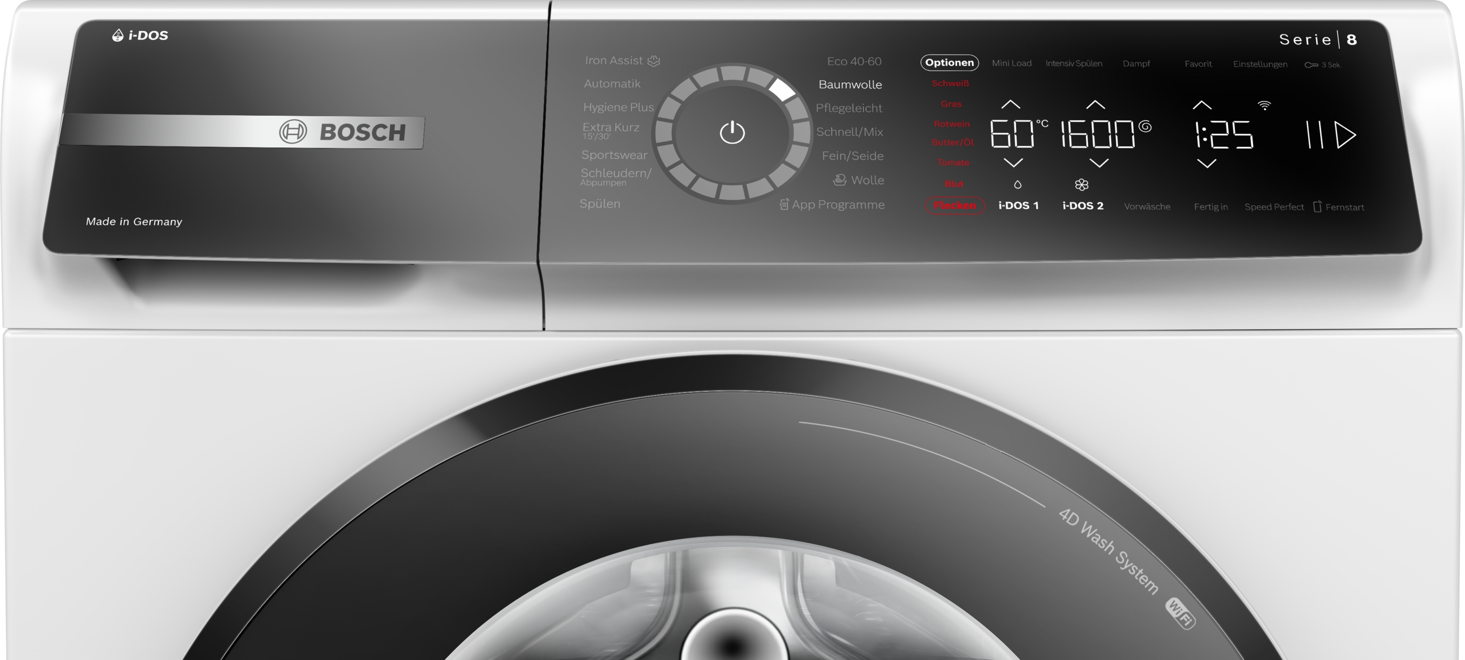 Eine weiße Bosch-Waschmaschine mit schwarzem Bedienfeld. Das Display zeigt Einstellungen für Temperatur, Schleuderdrehzahl und Restzeit an.