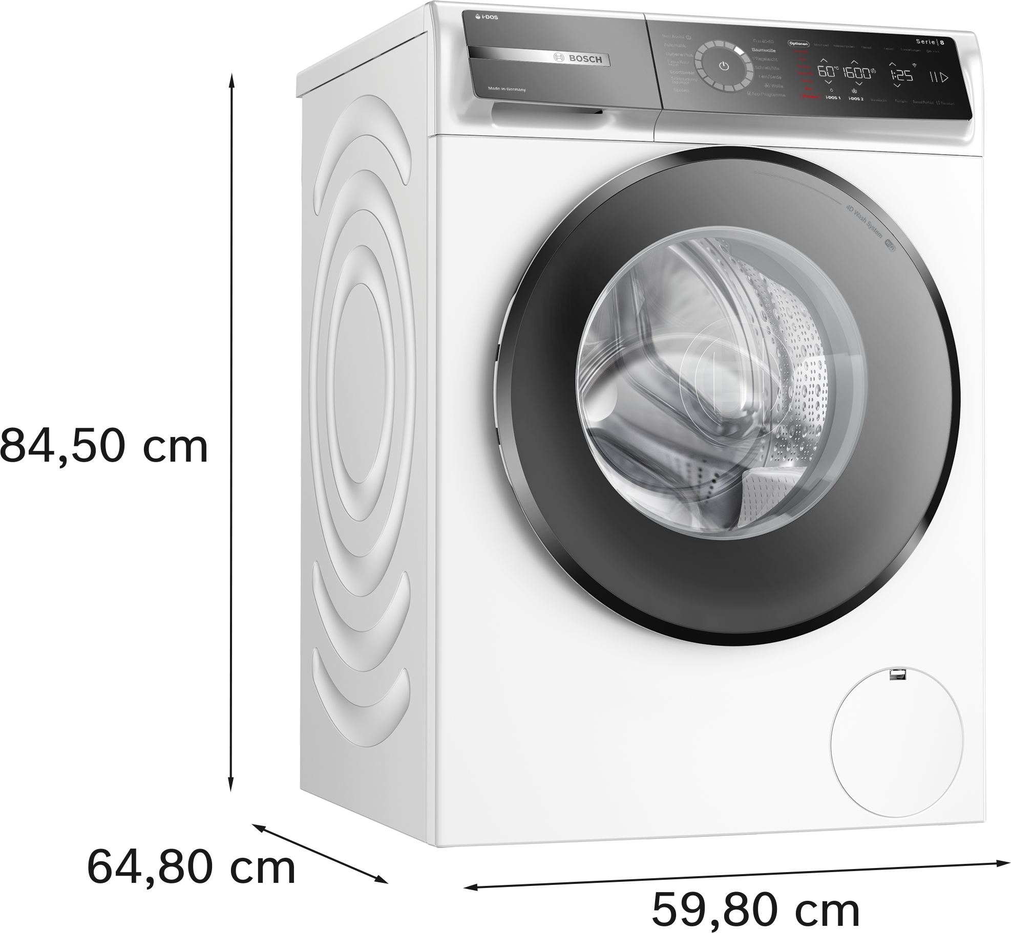 Eine weiße Bosch-Waschmaschine mit schwarzer Tür. Abmessungen: 84,50 cm Höhe, 64,80 cm Breite und 59,80 cm Tiefe.