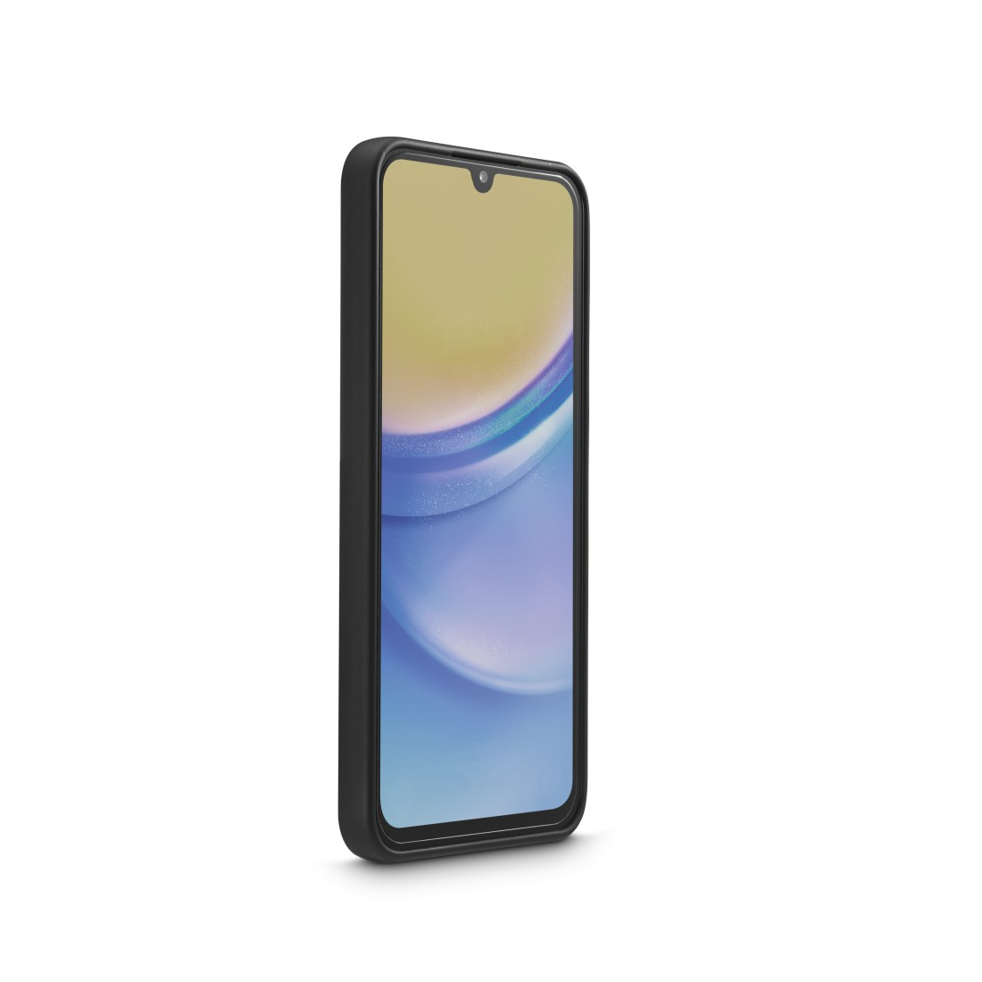 Smartphone in schwarzem Gehäuse, schräge Ansicht. Der Bildschirm zeigt einen bunten, abstrakten Hintergrund.