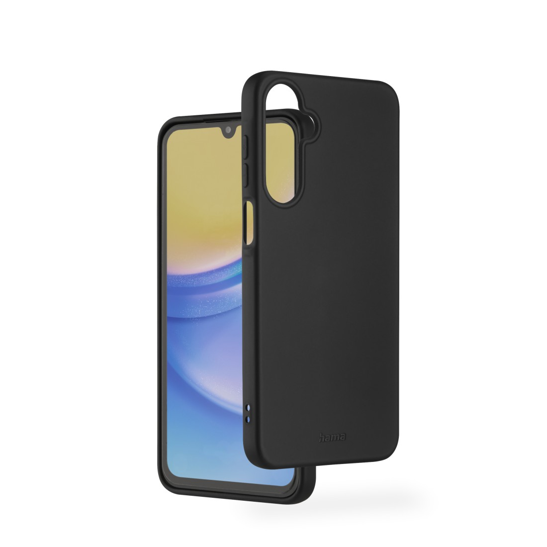 Schwarze Handyhülle neben einem Smartphone mit gelb-blauem Bildschirm. Hülle hat Aussparungen. Hama-Logo sichtbar.