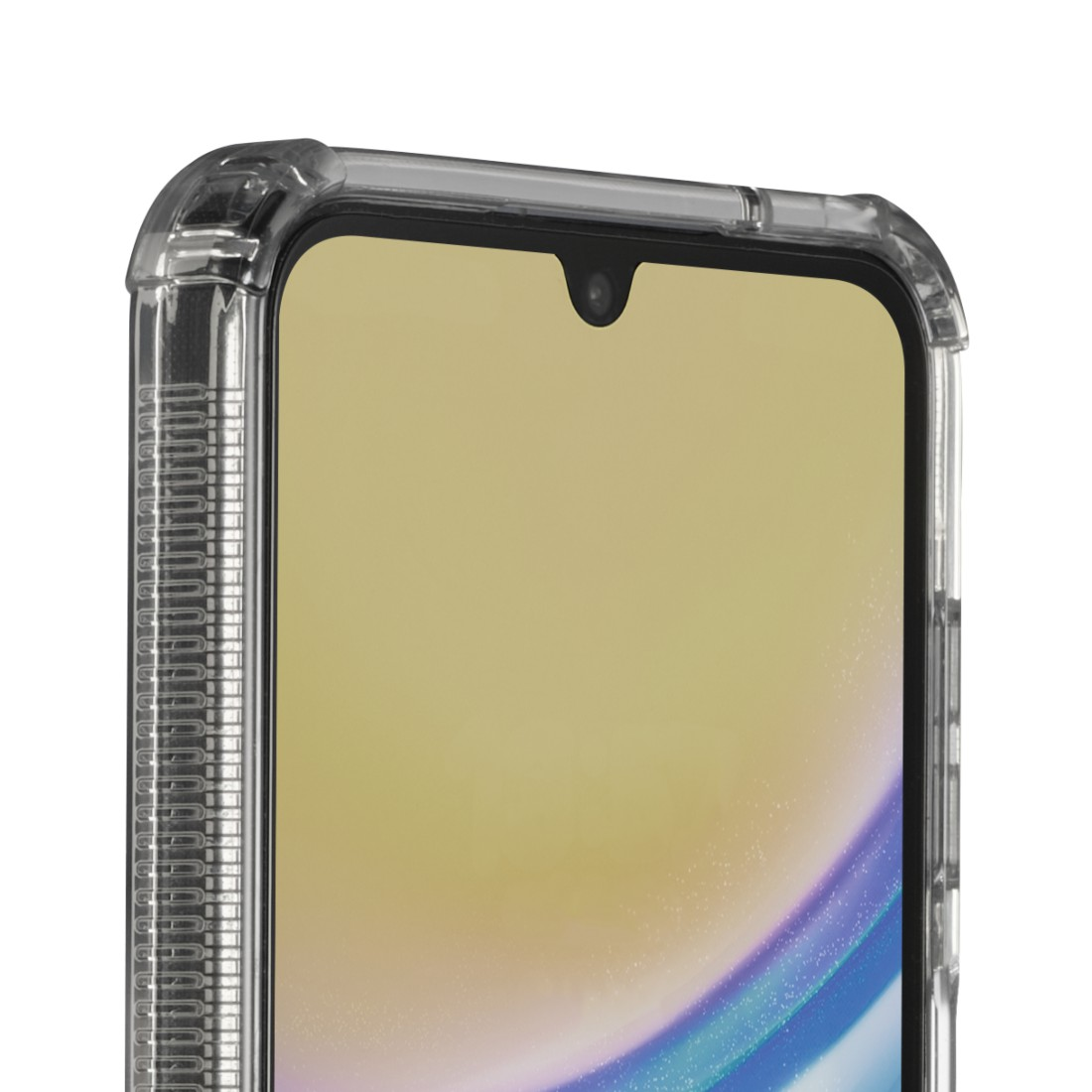 Nahaufnahme eines Telefonbildschirms mit Kameralinse in einer transparenten Schutzhülle.