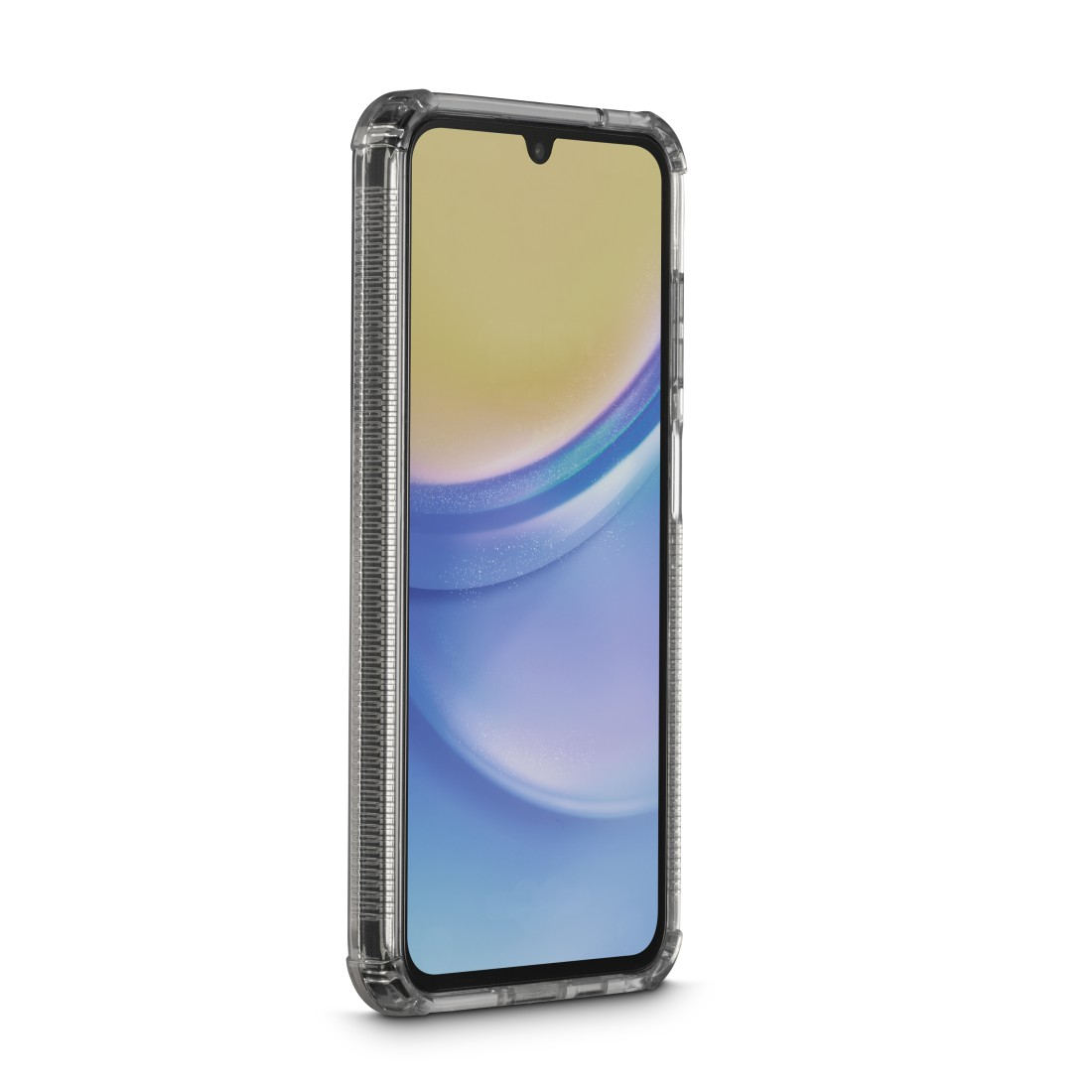 Ein Smartphone in einer durchsichtigen Hülle, das seinen Bildschirm mit einem abstrakten, farbenfrohen Hintergrund zeigt.