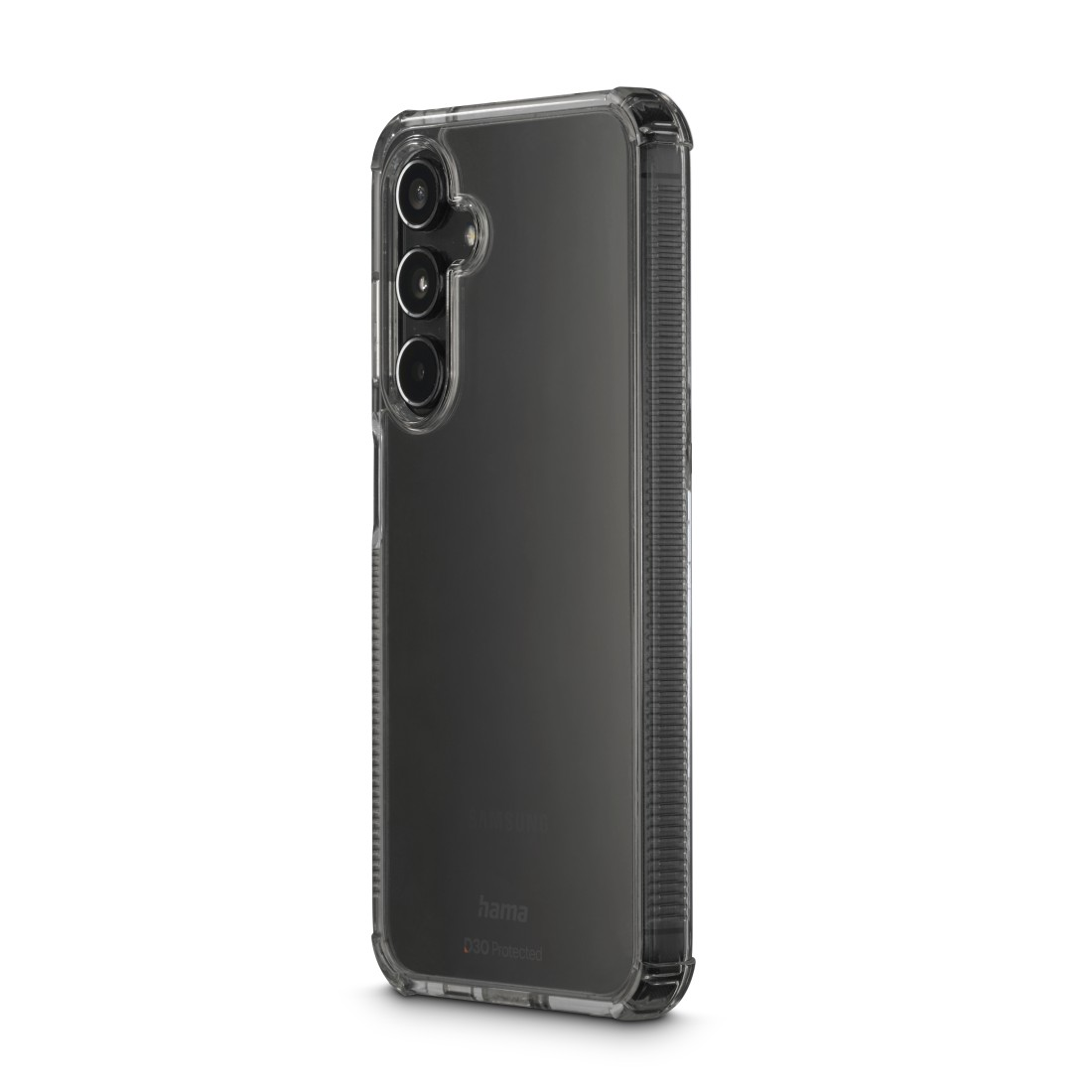Transparente Handyhülle auf einem schwarzen Telefon. Die Hülle hat einen Ausschnitt für die Dreifachkamera.