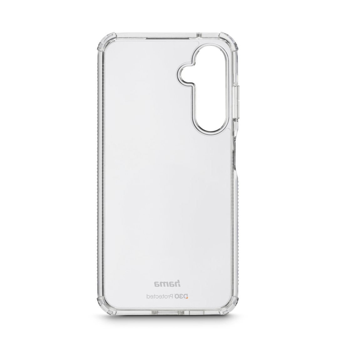 Transparente Handyhülle. Die Rückseite ist transparent. Schwarze Kameraumrisse. D3O-Branding.