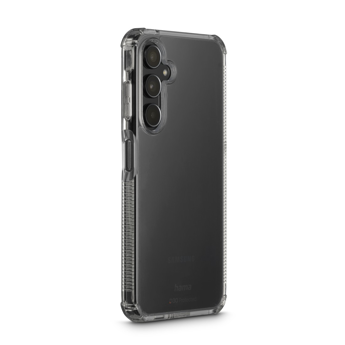 Ein Telefon in einer transparenten Hülle mit drei Kameras, einem Blitz und den Worten SAMSUNG und D3O auf der Rückseite.