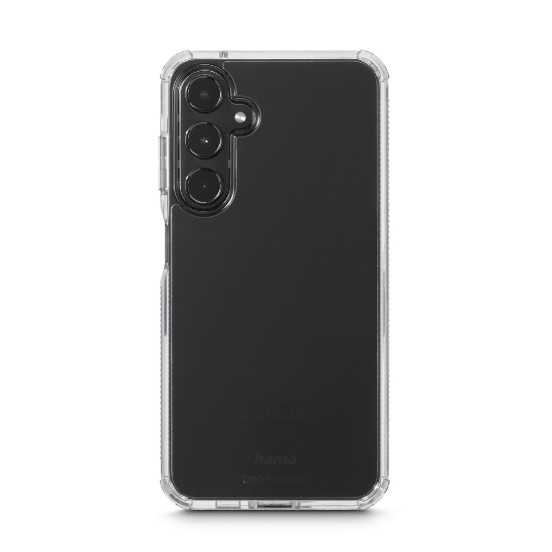 Transparente Handyhülle für Samsung mit drei Kameras, auf weißem Hintergrund.