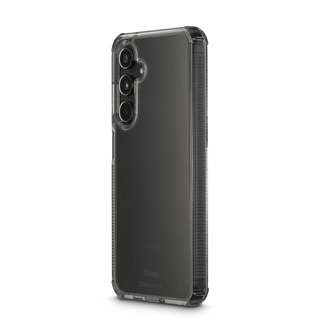Eine transparente Handyhülle auf einem schwarzen Telefon, das die Rückseite zeigt. Hama Logo sichtbar.