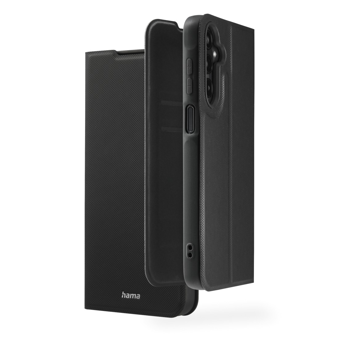 Eine schwarze Handyhülle geöffnet mit einem Telefon darin. Die Hülle ist strukturiert und hat einen Magnetverschluss.