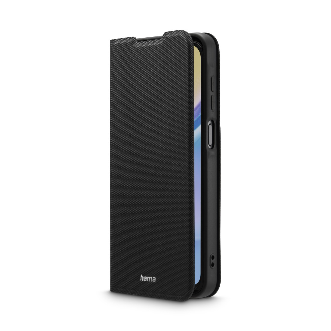 Schwarze Handyhülle geöffnet. Zeigt die Innenseite, mit teilweise eingelegtem Telefon.