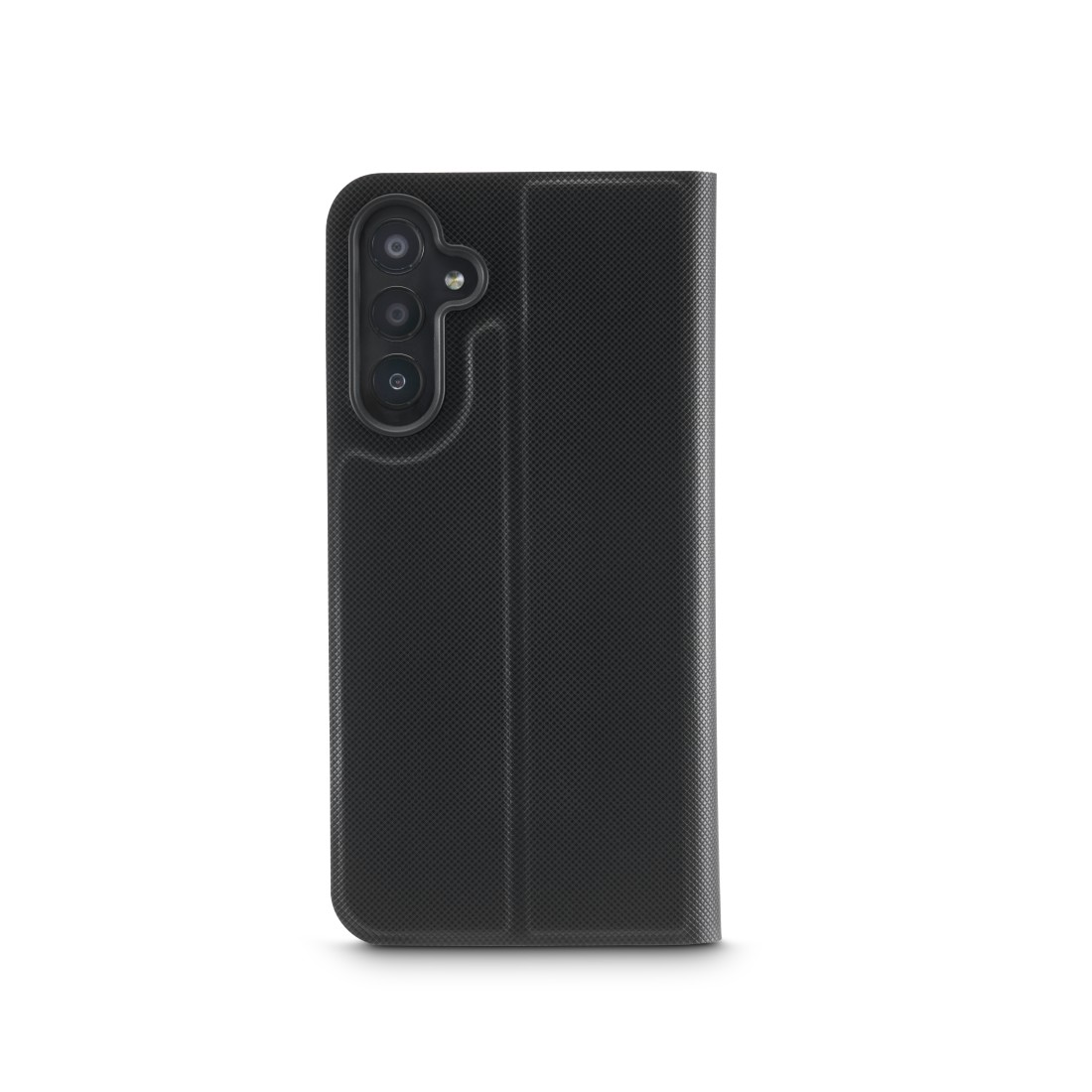 Eine schwarze Handyhülle mit strukturiertem Design, geschlossen, mit Kameraausschnitt.