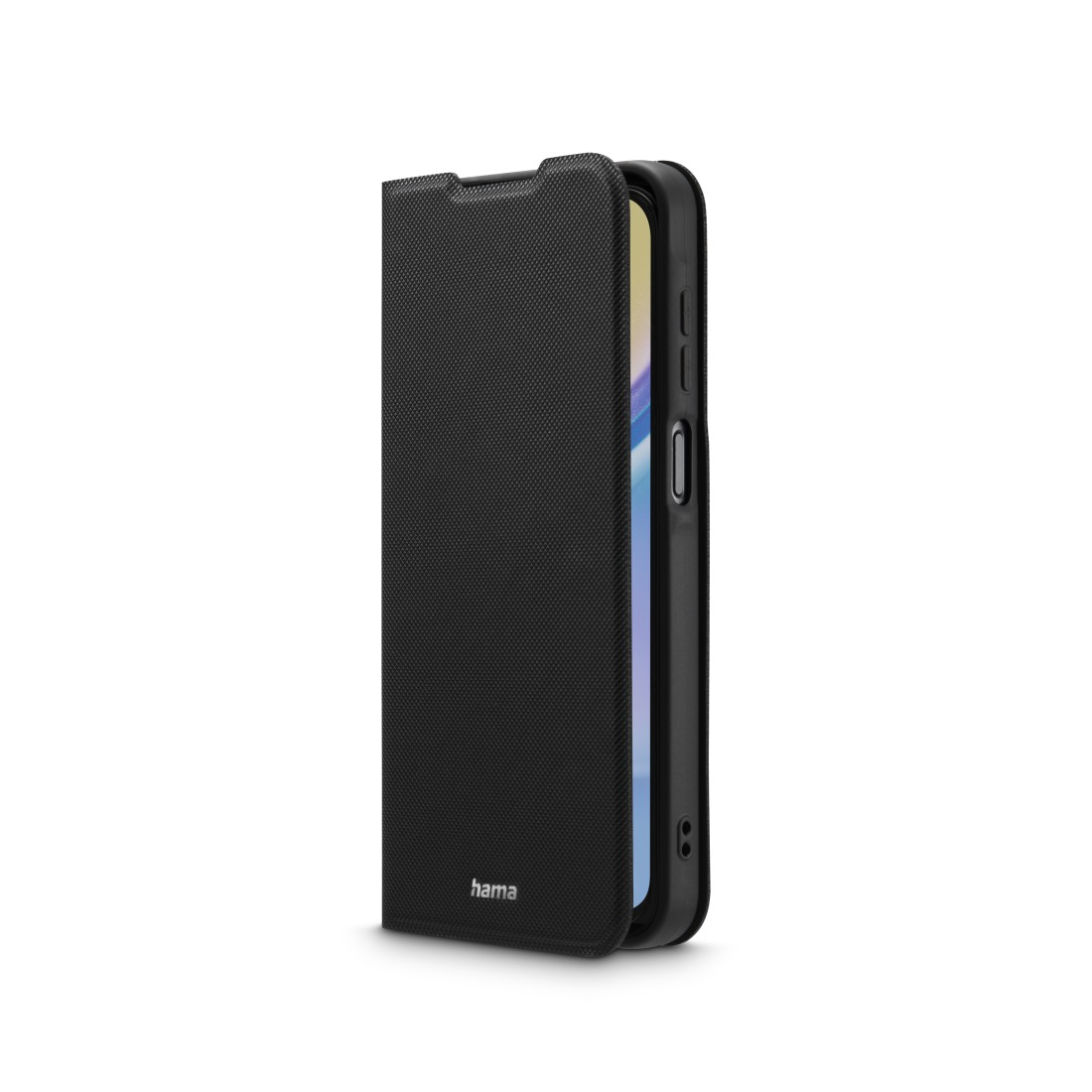 Schwarze Handyhülle, offen, zeigt ein Telefon im Inneren.