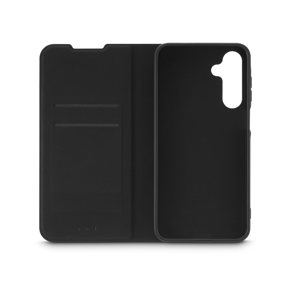 Eine schwarze Handyhülle, geöffnet, um das Innere zu zeigen. Das Hama-Logo ist sichtbar.