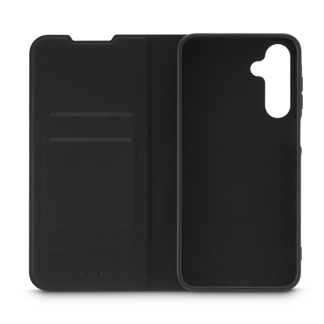 Eine schwarze Handyhülle, offen. Eine Hälfte hat Kartenfächer, die andere hält das Telefon.