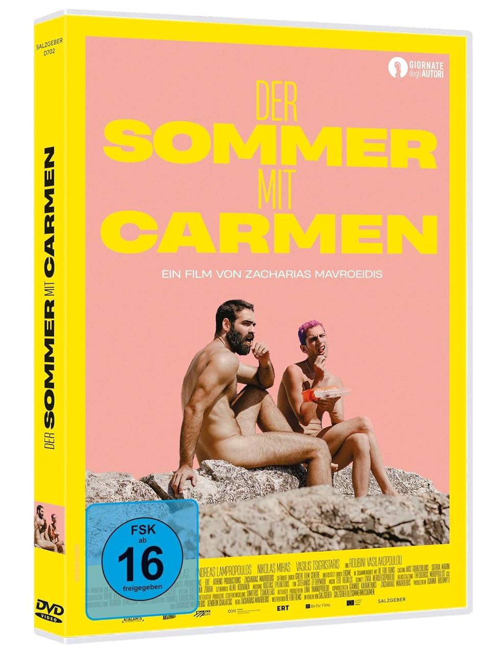 DVD-Hülle mit einem Paar auf dem Cover. Der Titel lautet "Der Sommer mit Carmen". Rosa Hintergrund.