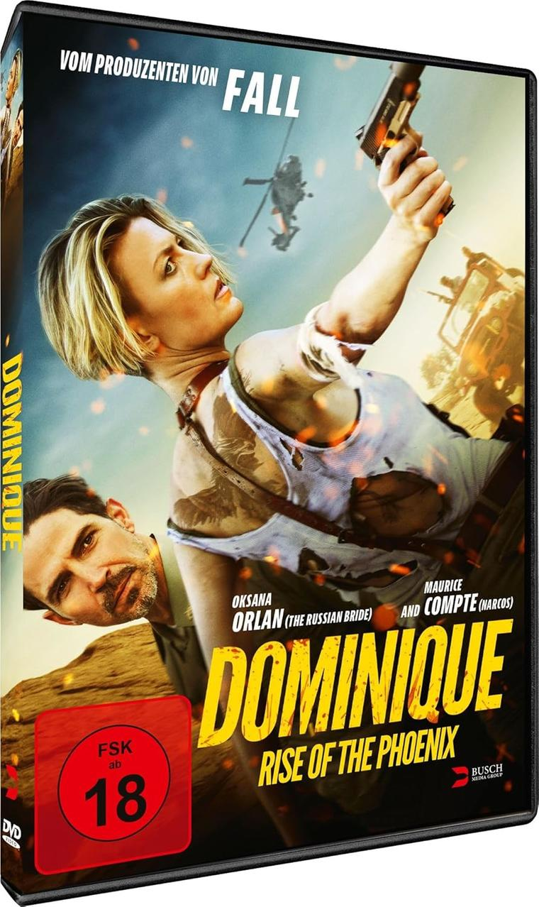 Dominique DVD-Cover. Frau mit Waffe, Filmtitel und Credits.