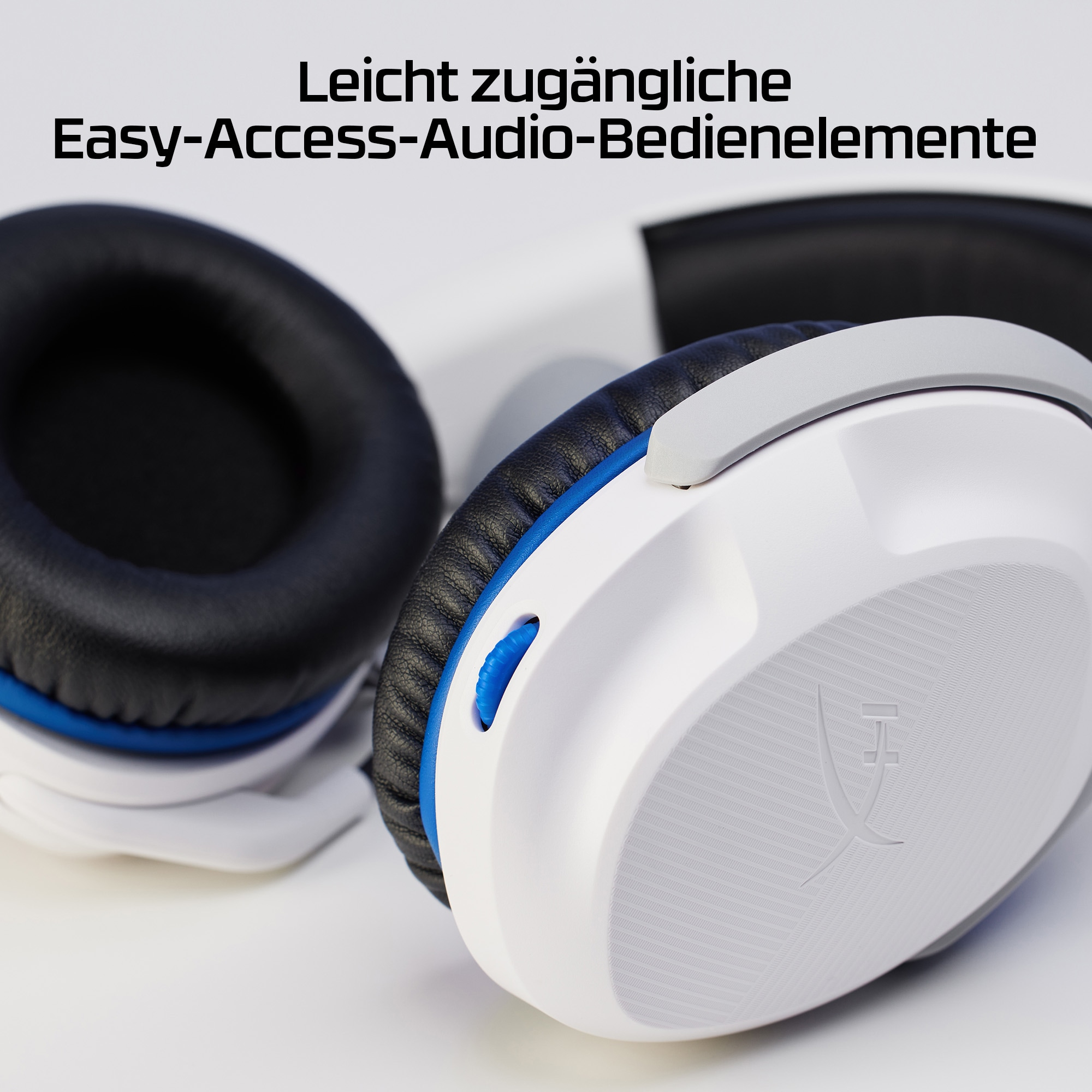 Weißes und graues Headset mit Text 'Easy-Access-Audio-Bedienelamente'. Nahaufnahme.