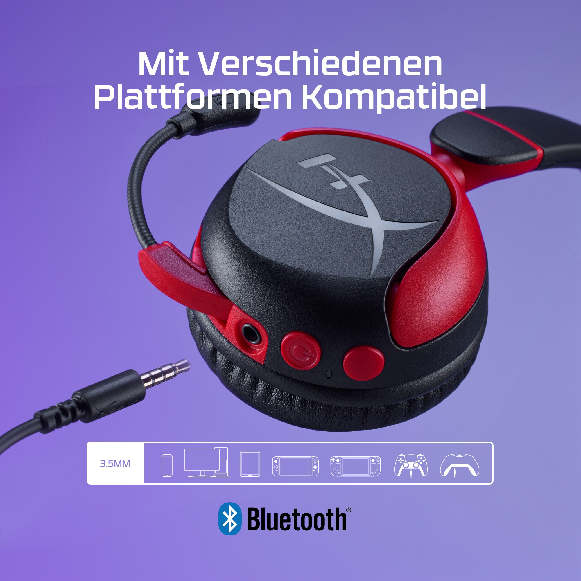 Ein schwarzes und rotes HyperX Cloud Headset mit 3,5-mm-Klinke und Bluetooth-Symbol.