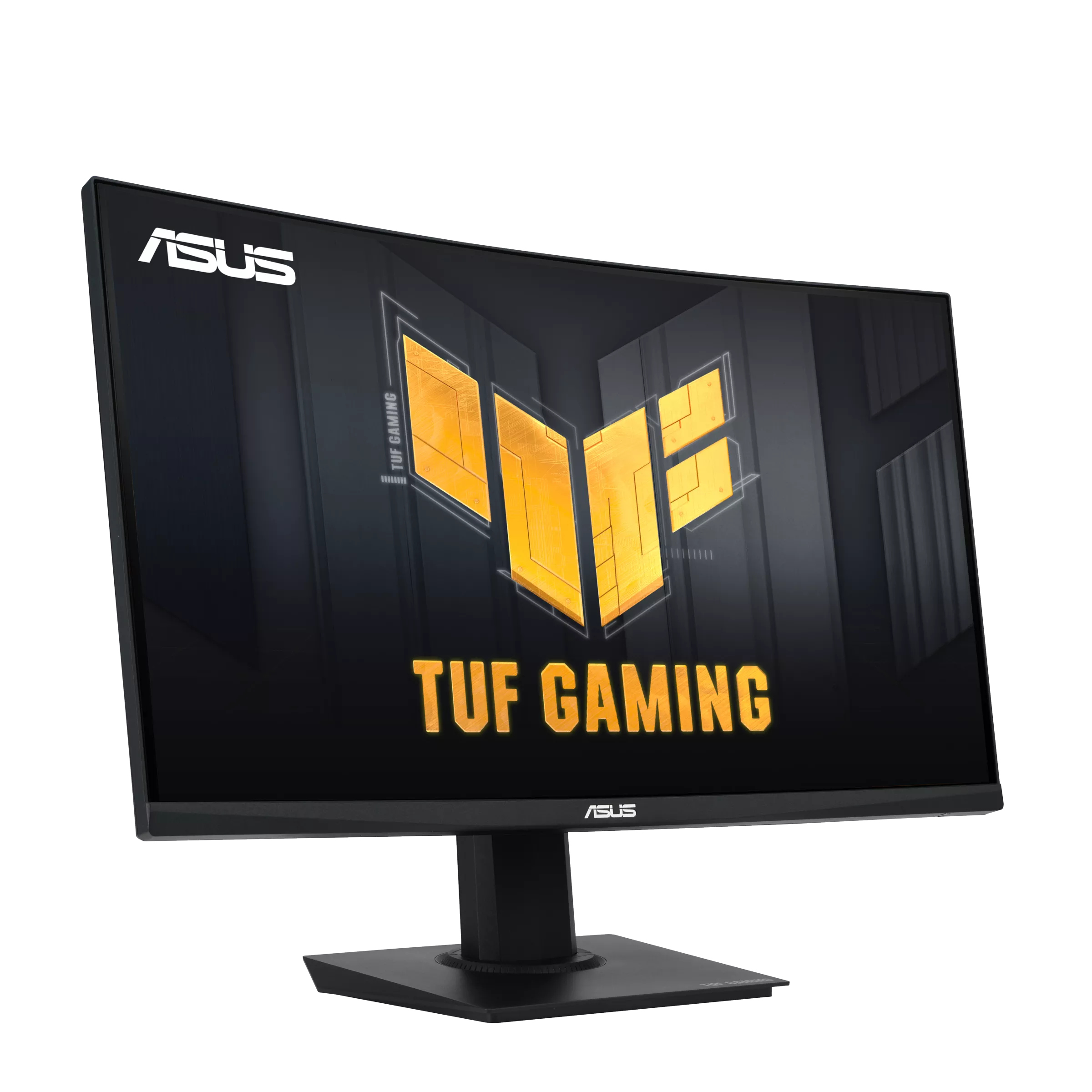 Kavisli ASUS TUF Gaming monitörü. Siyah bir standa ve siyah-sarı bir logoya sahiptir.