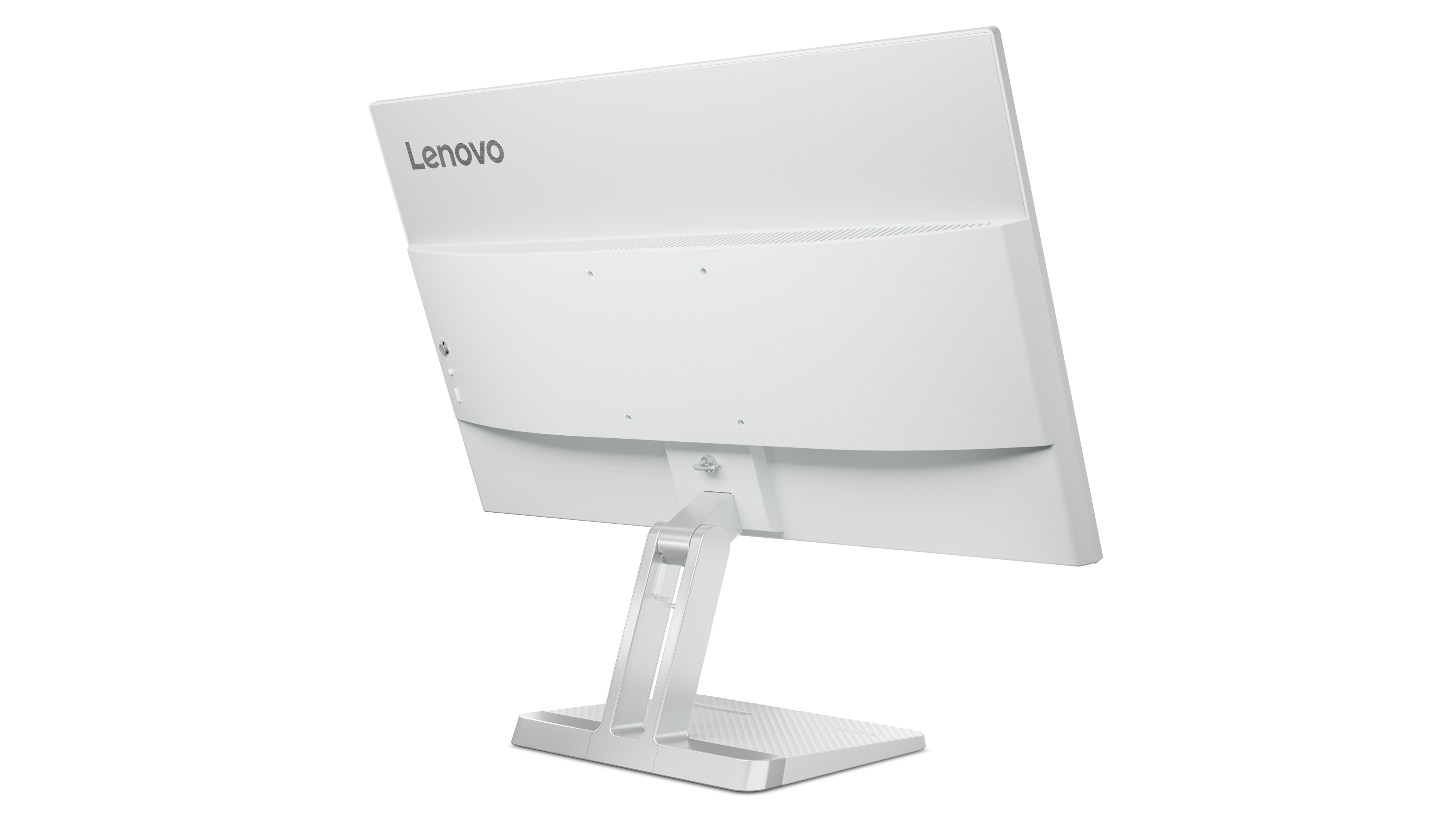 Beyaz bir Lenovo monitörünün arkası. Lenovo logosu, stand ve bağlantı noktaları görünür.