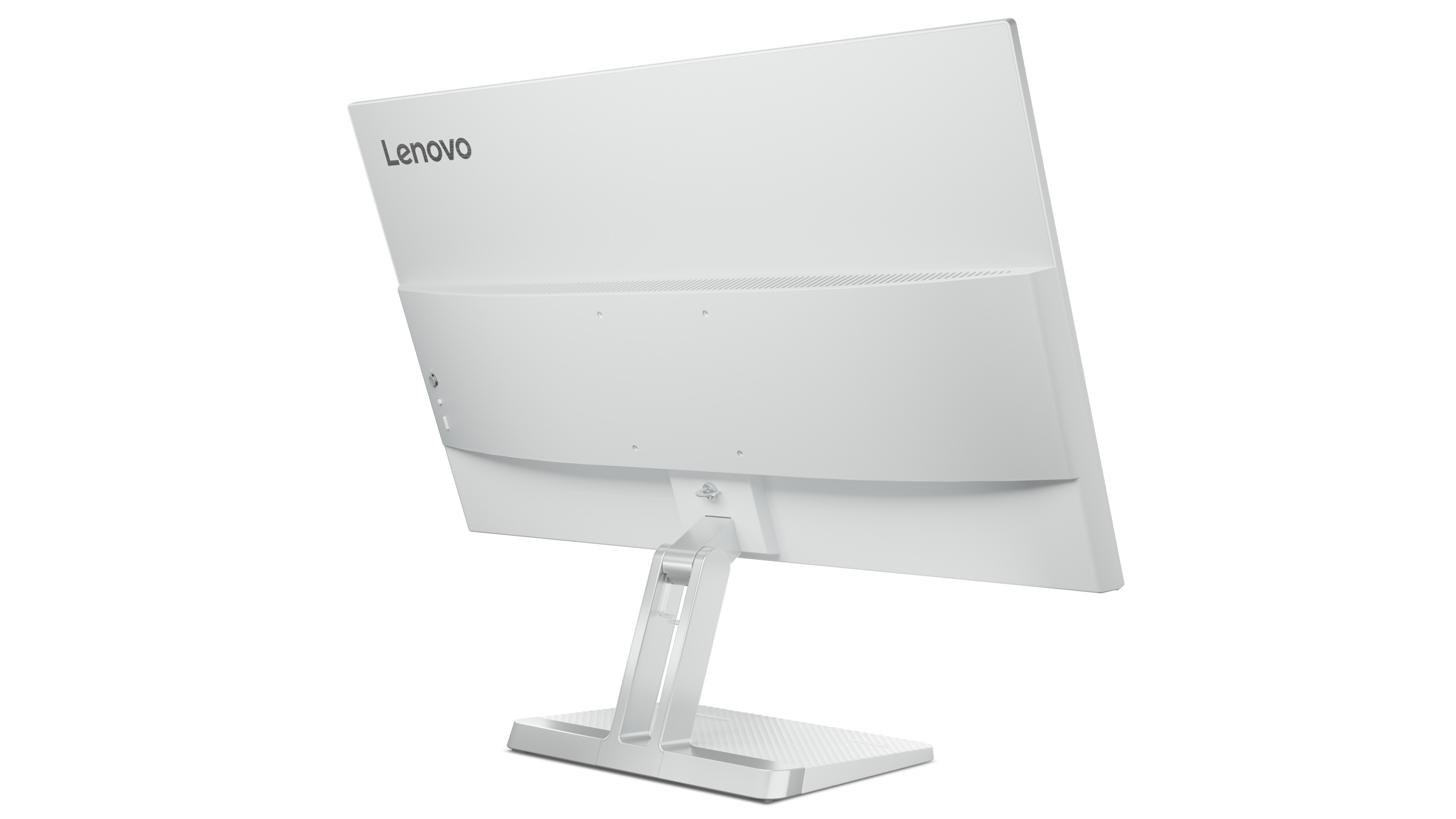 Beyaz bir arka plan üzerinde beyaz bir Lenovo monitörün arkası. Lenovo logosu görünür.