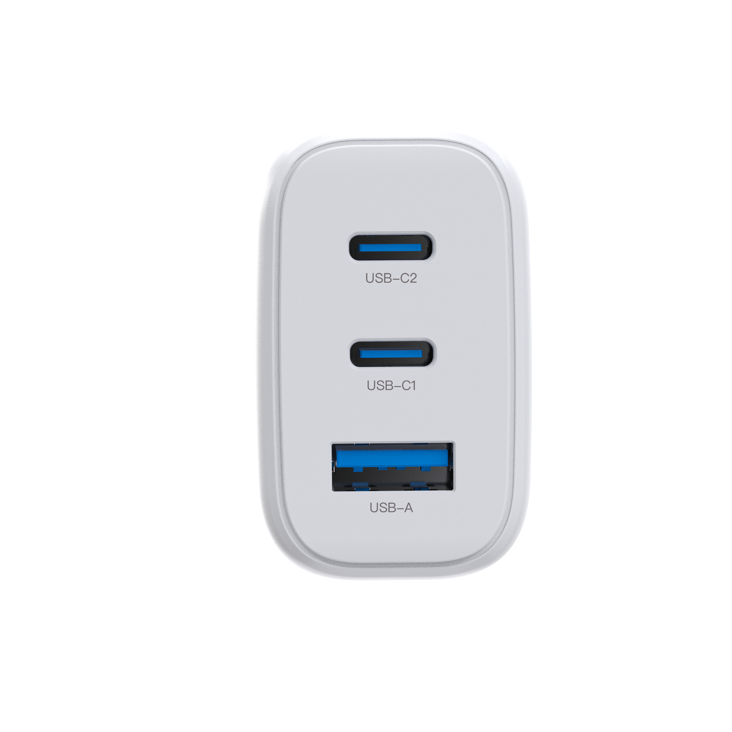 Ein weißes USB-Ladegerät mit drei Anschlüssen: USB-C2, USB-C1 und USB-A. Es ist eine Nahaufnahme.
