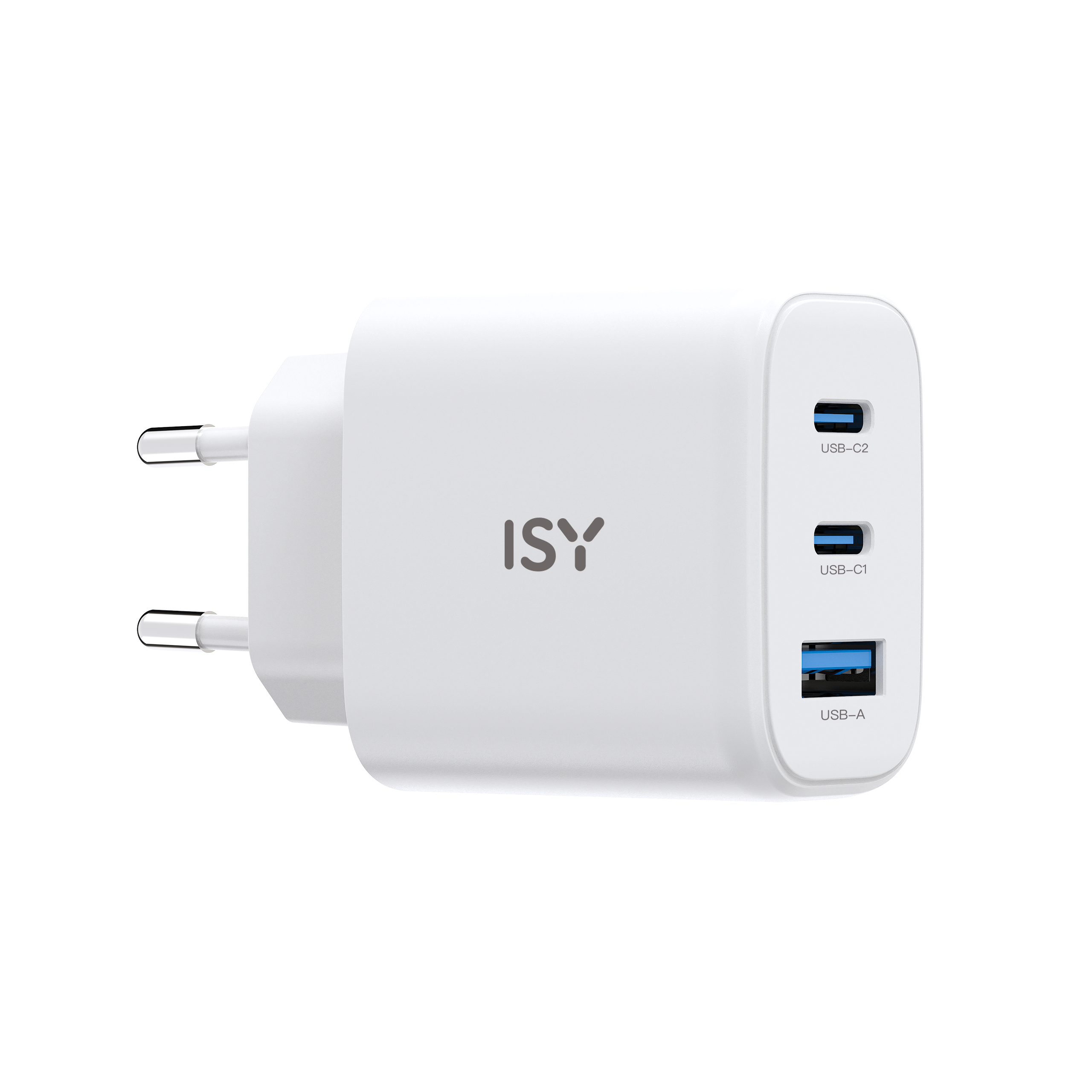 Weißes USB-Ladegerät mit drei Anschlüssen und dem 'ISY'-Logo.