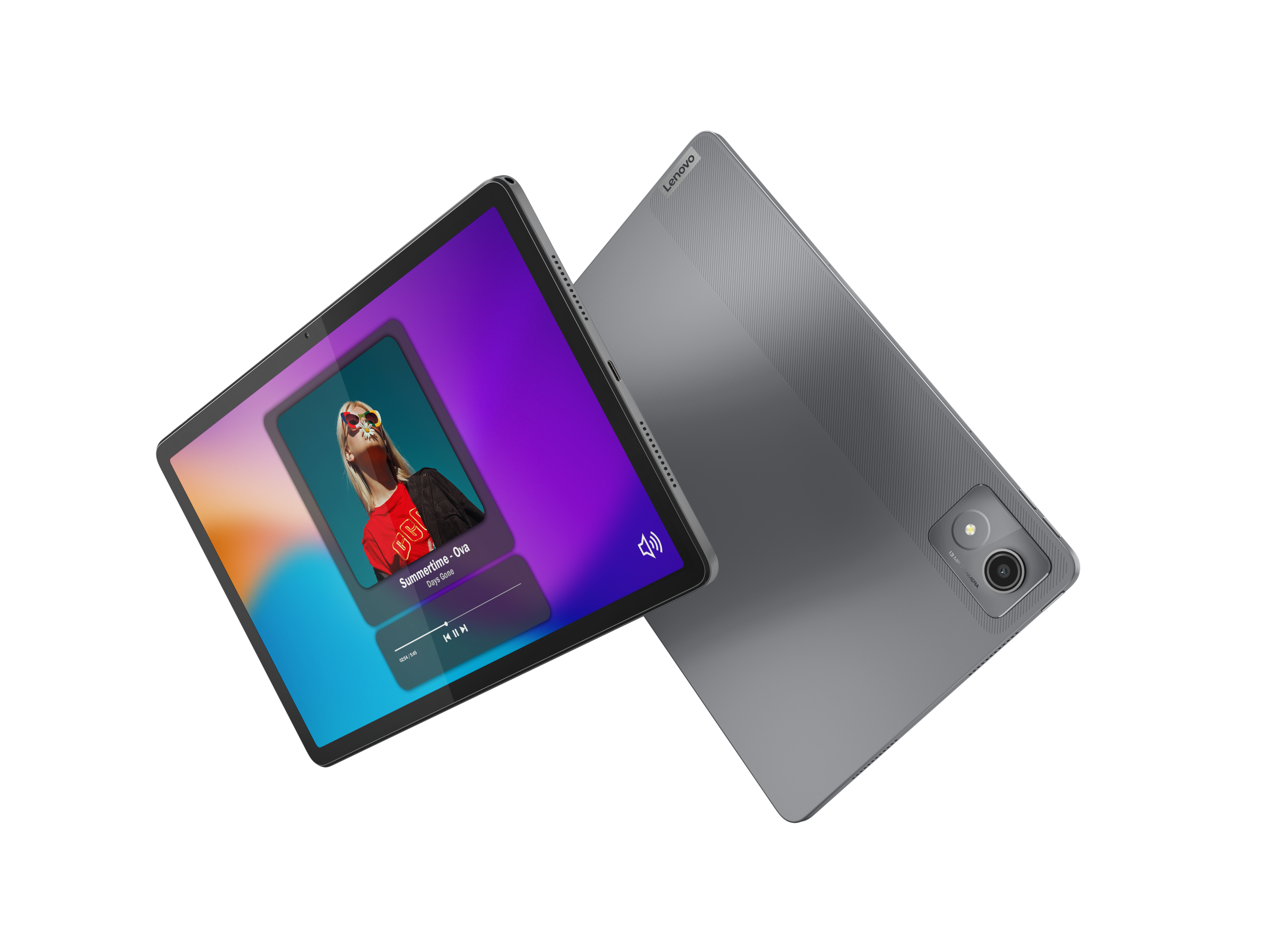 Bir müzik uygulaması gösteren bir Lenovo tablet, arkasında ikinci bir tablet var.