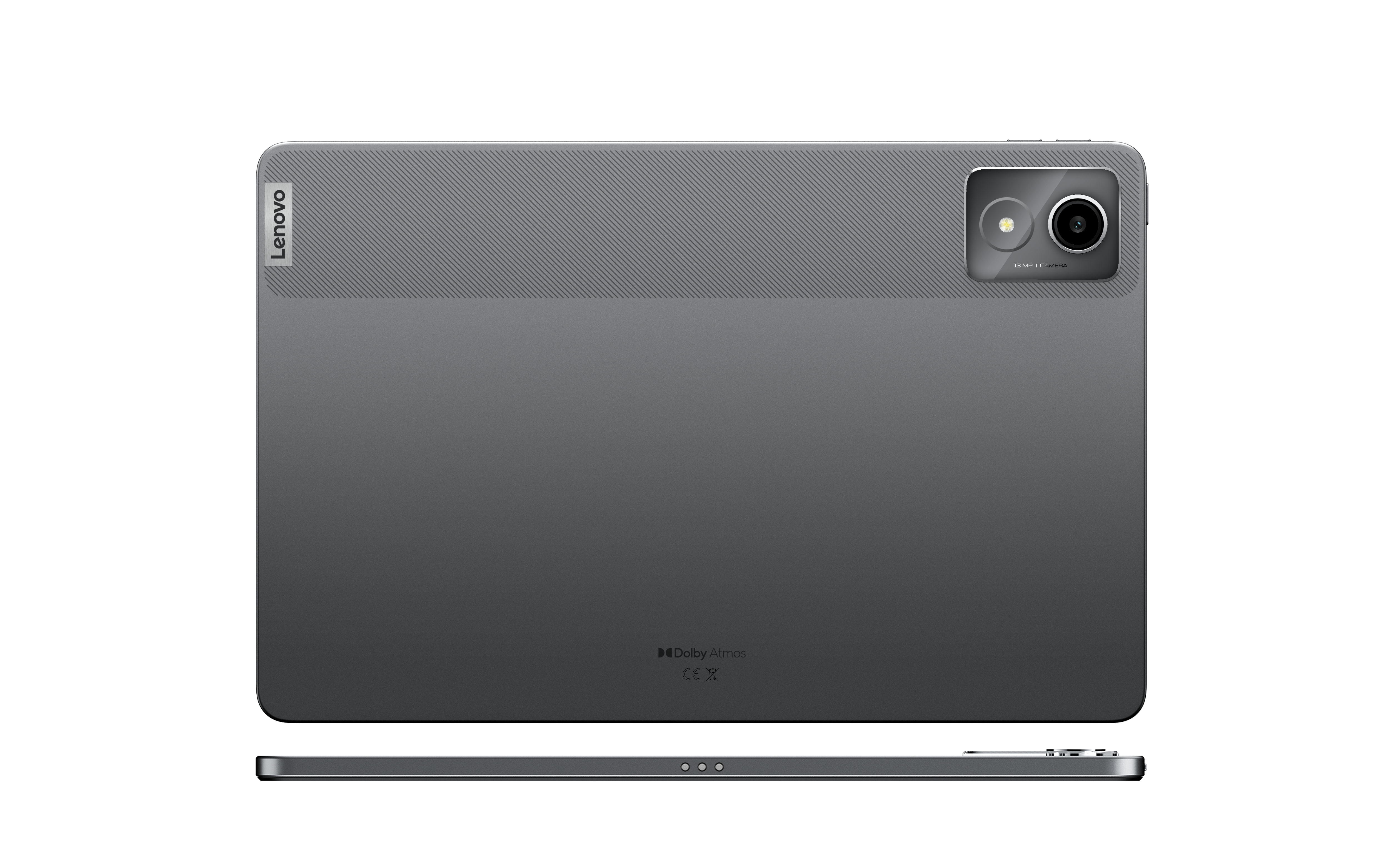 Gri bir tablet, üstten ve yandan görünüm, kamera ve Lenovo logosu ile arka tarafı gösteriyor.