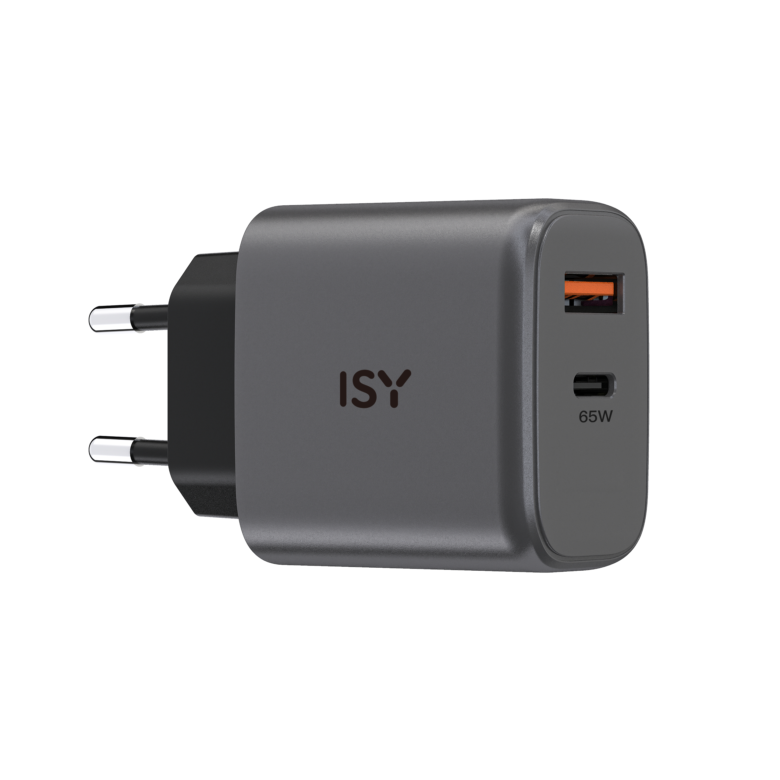 Graues ISY 65W Ladegerät mit USB-C und Stecker, auf weißer Oberfläche.