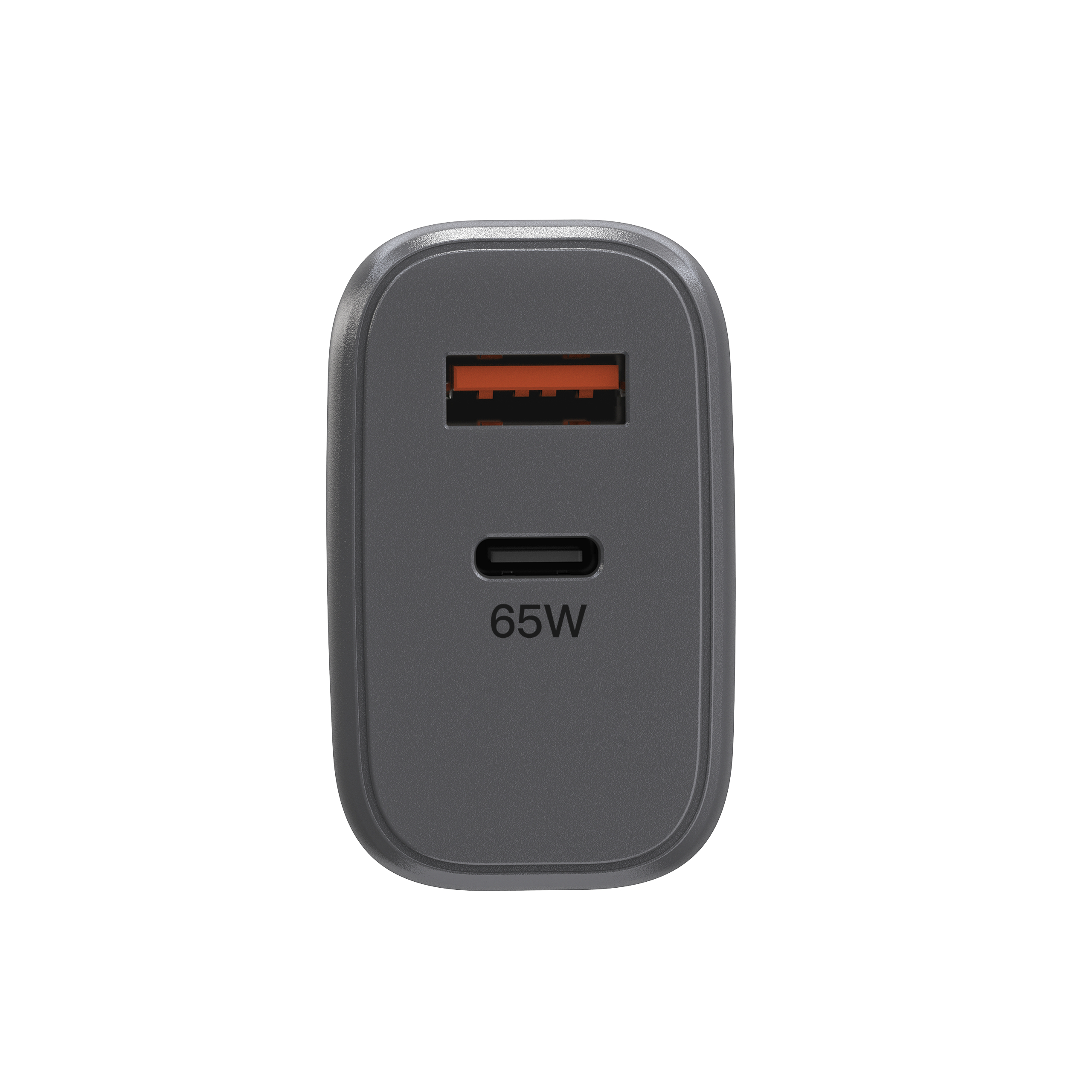 Ein graues 65W Ladegerät mit USB-C-Anschluss und USB-A-Anschluss.