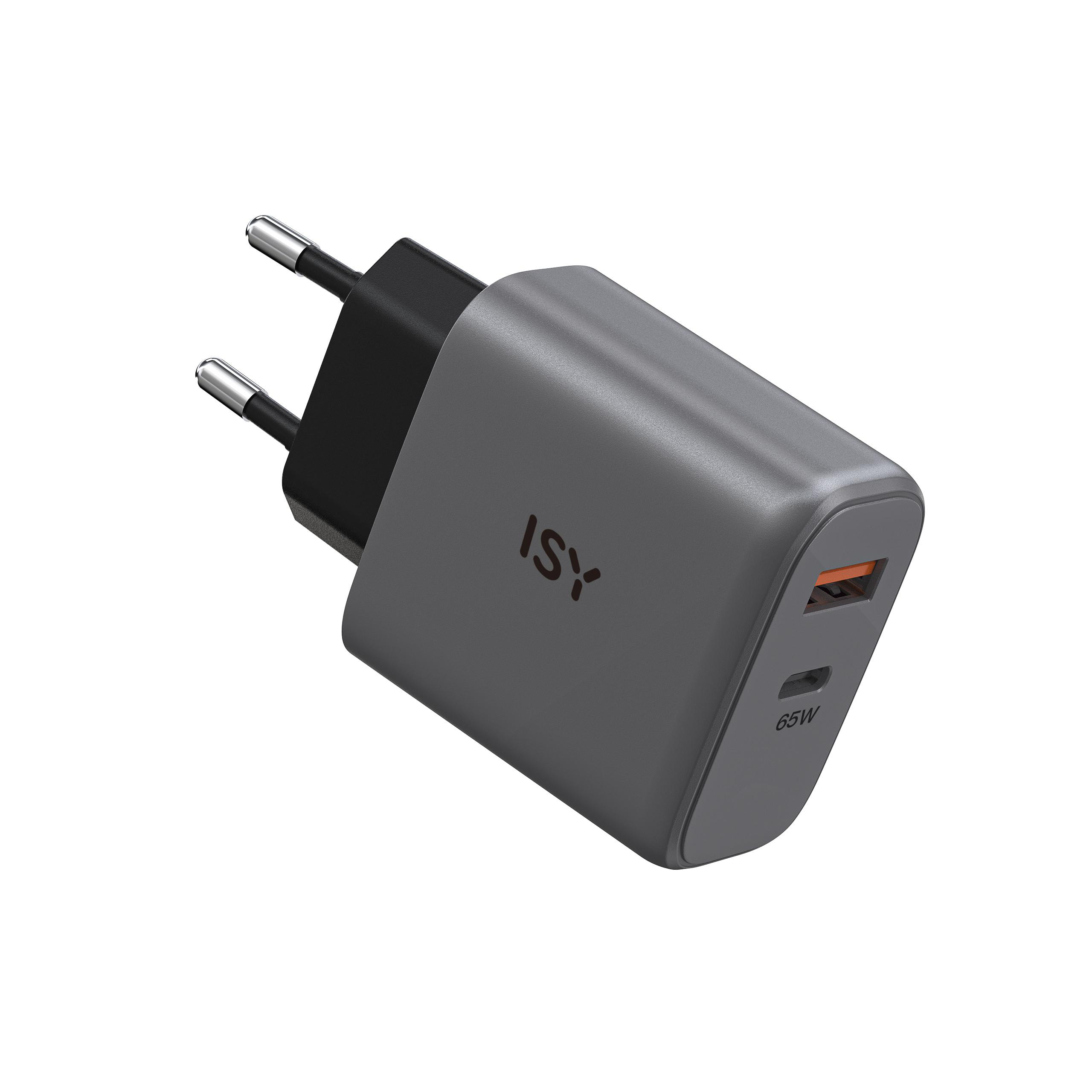 Graues ISY-Ladegerät mit zwei Stiften und USB-C-Anschluss, weißer Hintergrund.