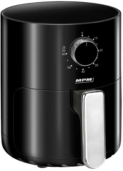 Czarna frytkownica beztłuszczowa ze srebrnym uchwytem, pokrętłem i logo 'MPM'.