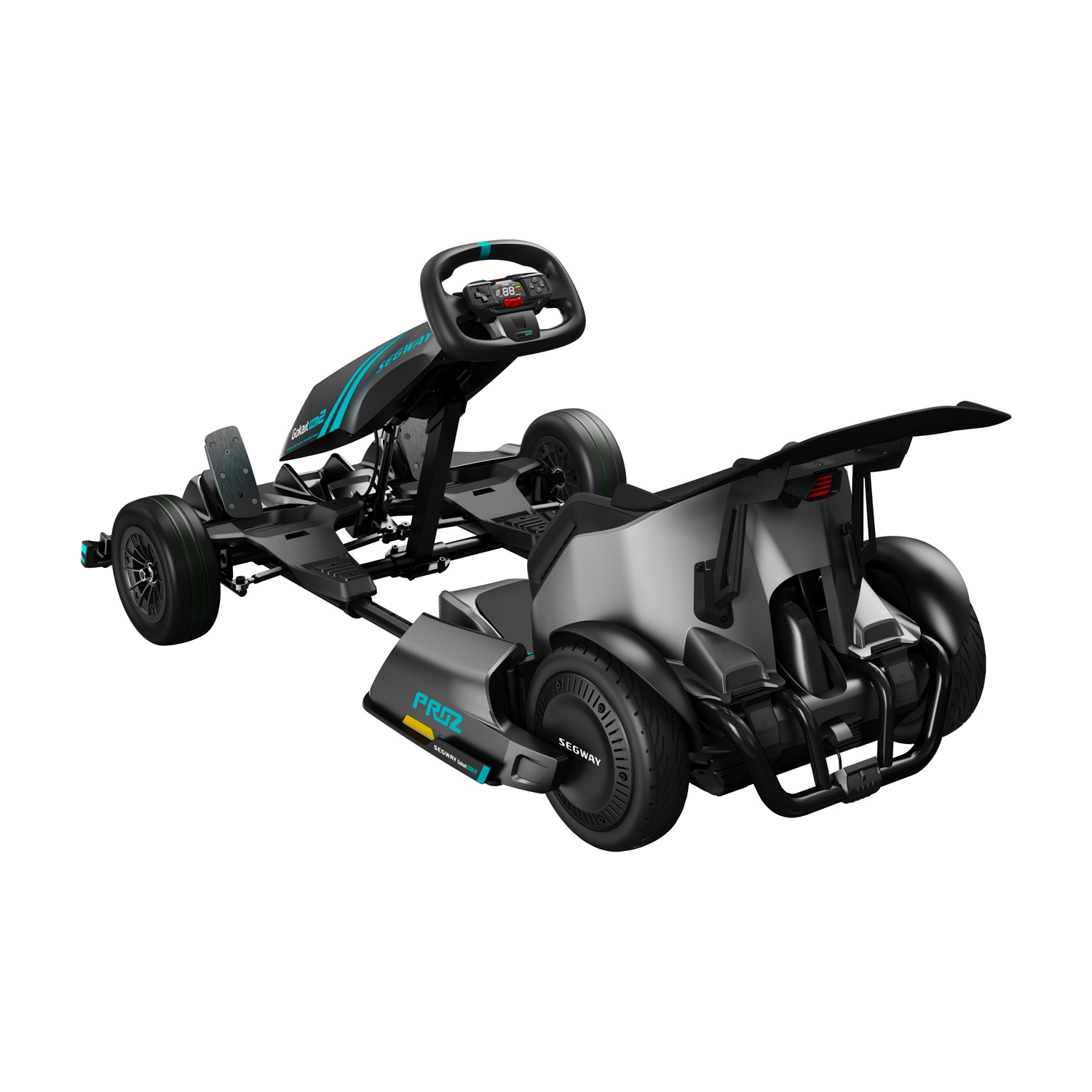 Go-kart nero e blu con volante, retro e ruote.