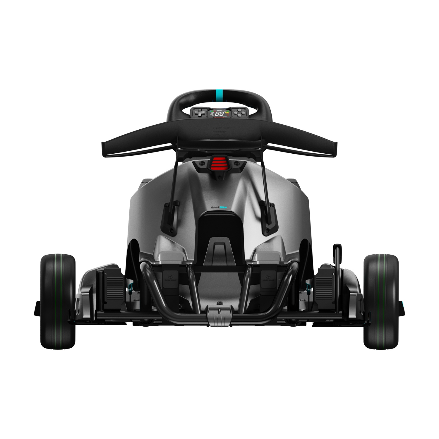 Go-kart da corsa grigio, vista posteriore, ruote nere con strisce verdi, sfondo bianco.
