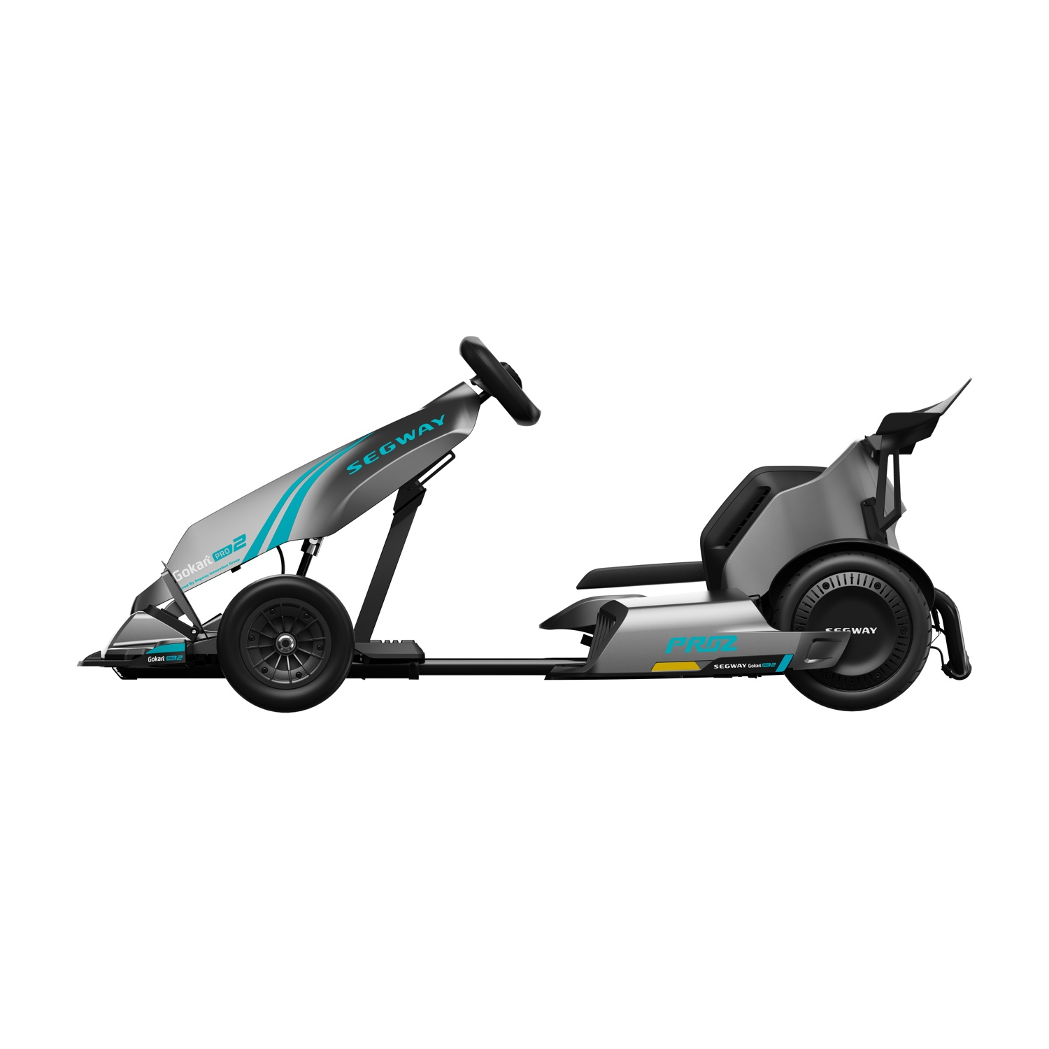 Go-kart Segway argento e grigio. Ha ruote nere e volante nero.