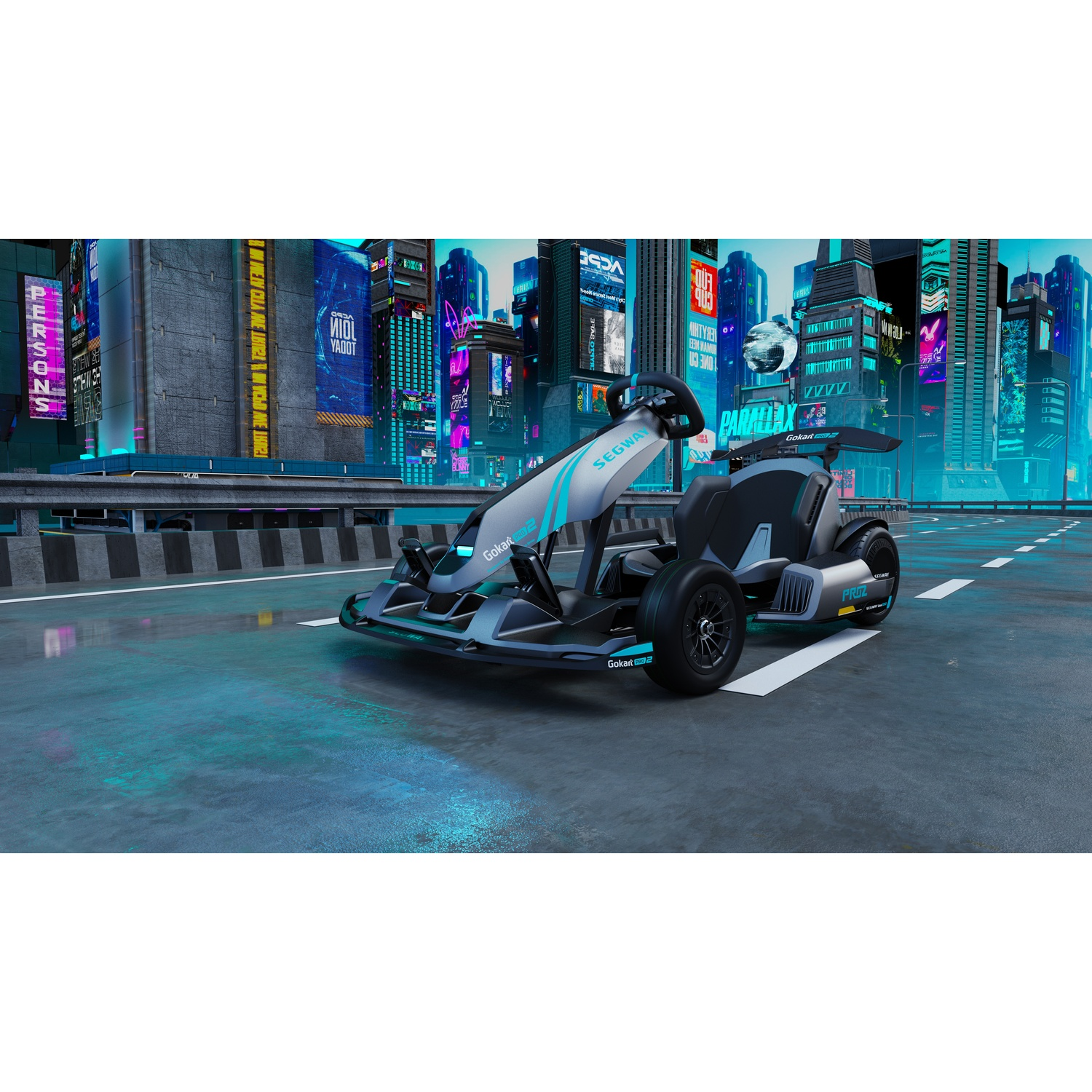 Un Segway GoKart su una strada in un paesaggio urbano futuristico.