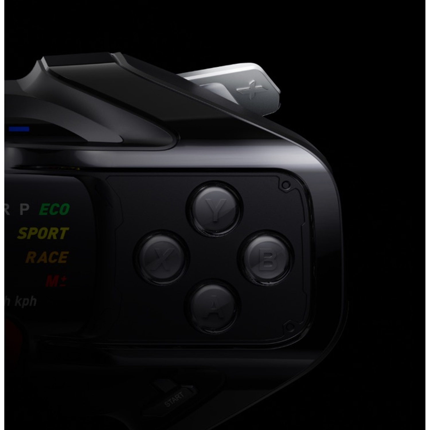 Primo piano di un controller di gioco nero con i pulsanti Y, X, B e A.