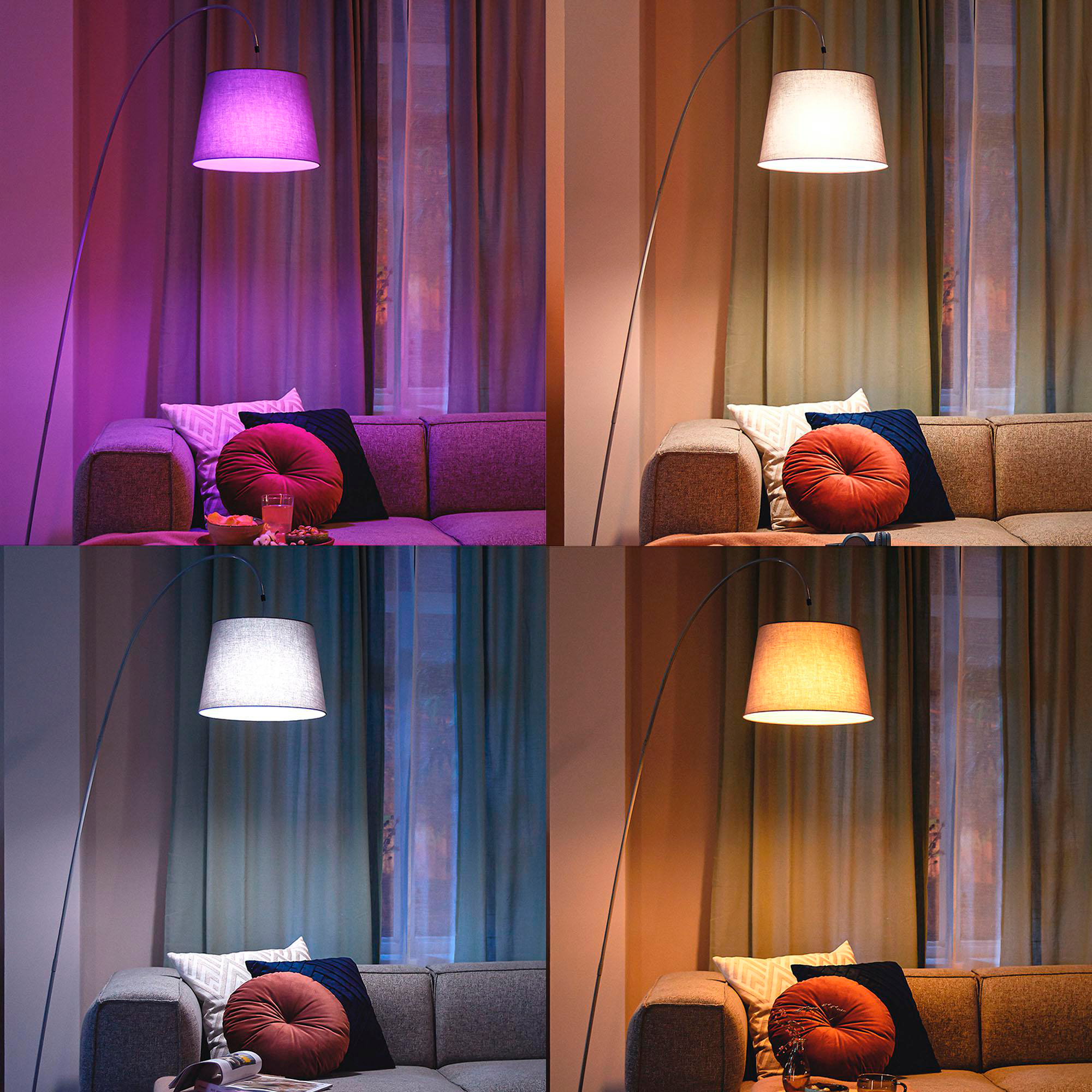 Vier Bilder einer Stehlampe mit verschiedenfarbigen Schirmen, über einem Sofa mit Kissen.