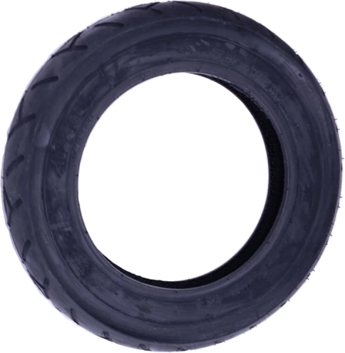 Pneu noir de forme ronde avec un trou central. Motifs de la bande de roulement visibles.
