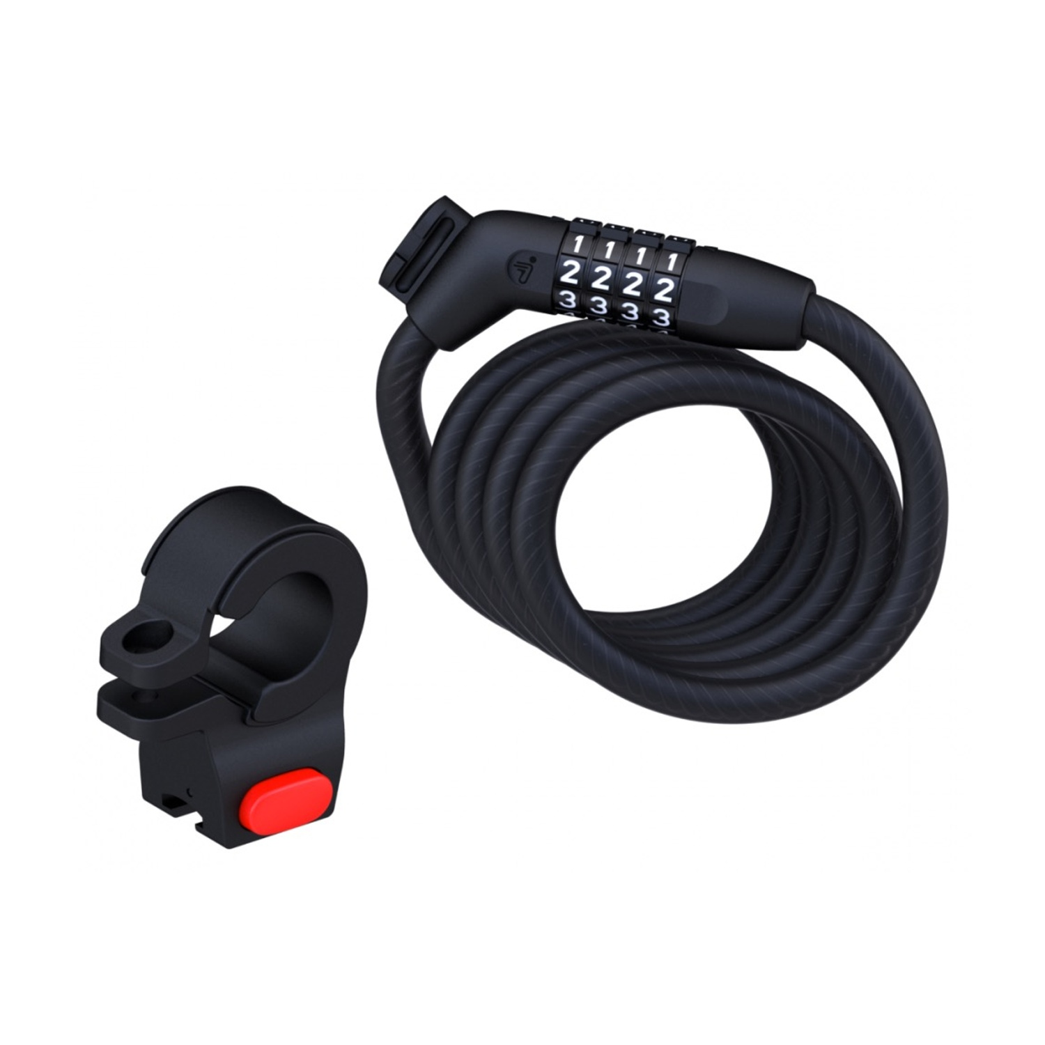 Lucchetto per bici a combinazione nero con quadrante numerico e staffa di montaggio.