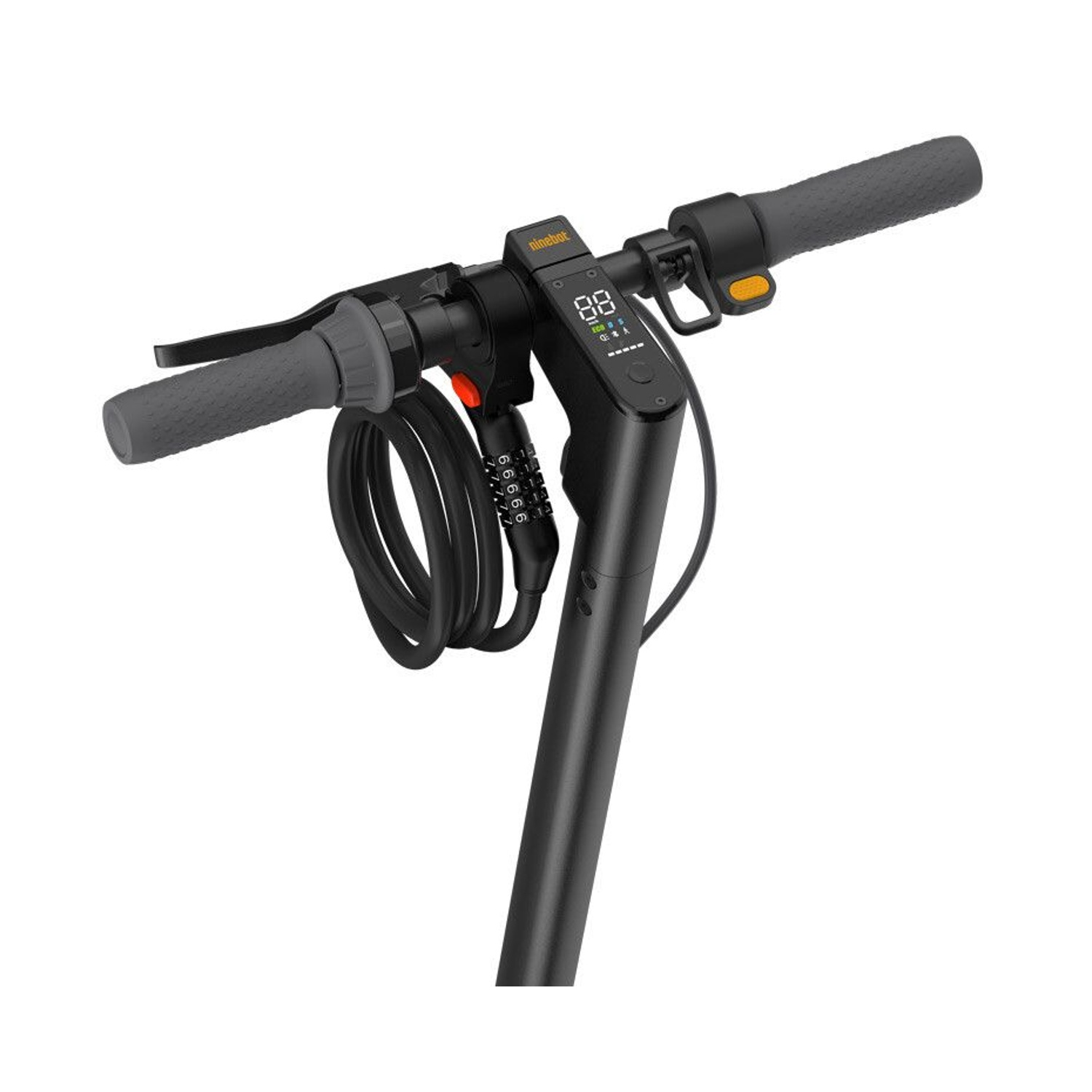 Manubrio per scooter elettrico nero e grigio. Ha un display digitale, un lucchetto e impugnature grigie.