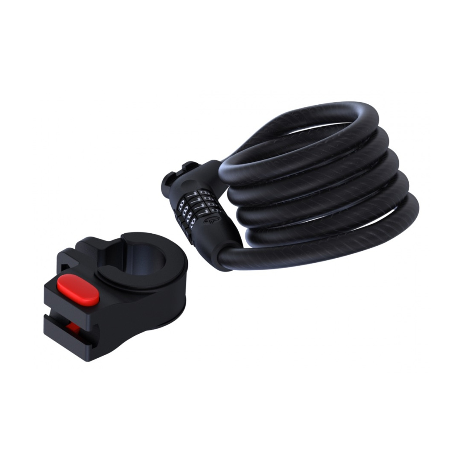 Lucchetto per bici a combinazione nero con quadrante combinazione e pulsante rosso, su sfondo bianco.