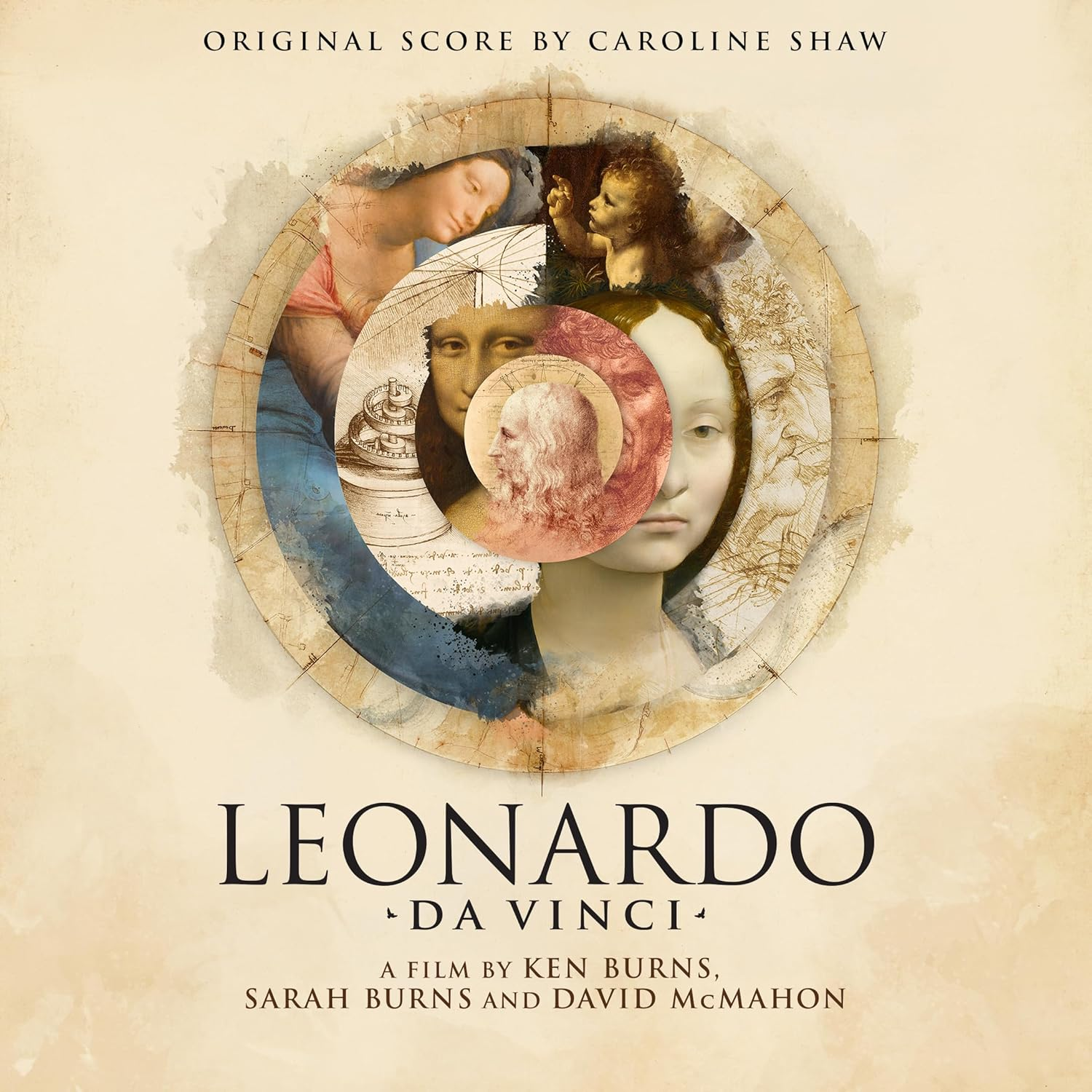 Kép Leonardo da Vinci festményeivel kör alakú dizájnban, szöveggel.